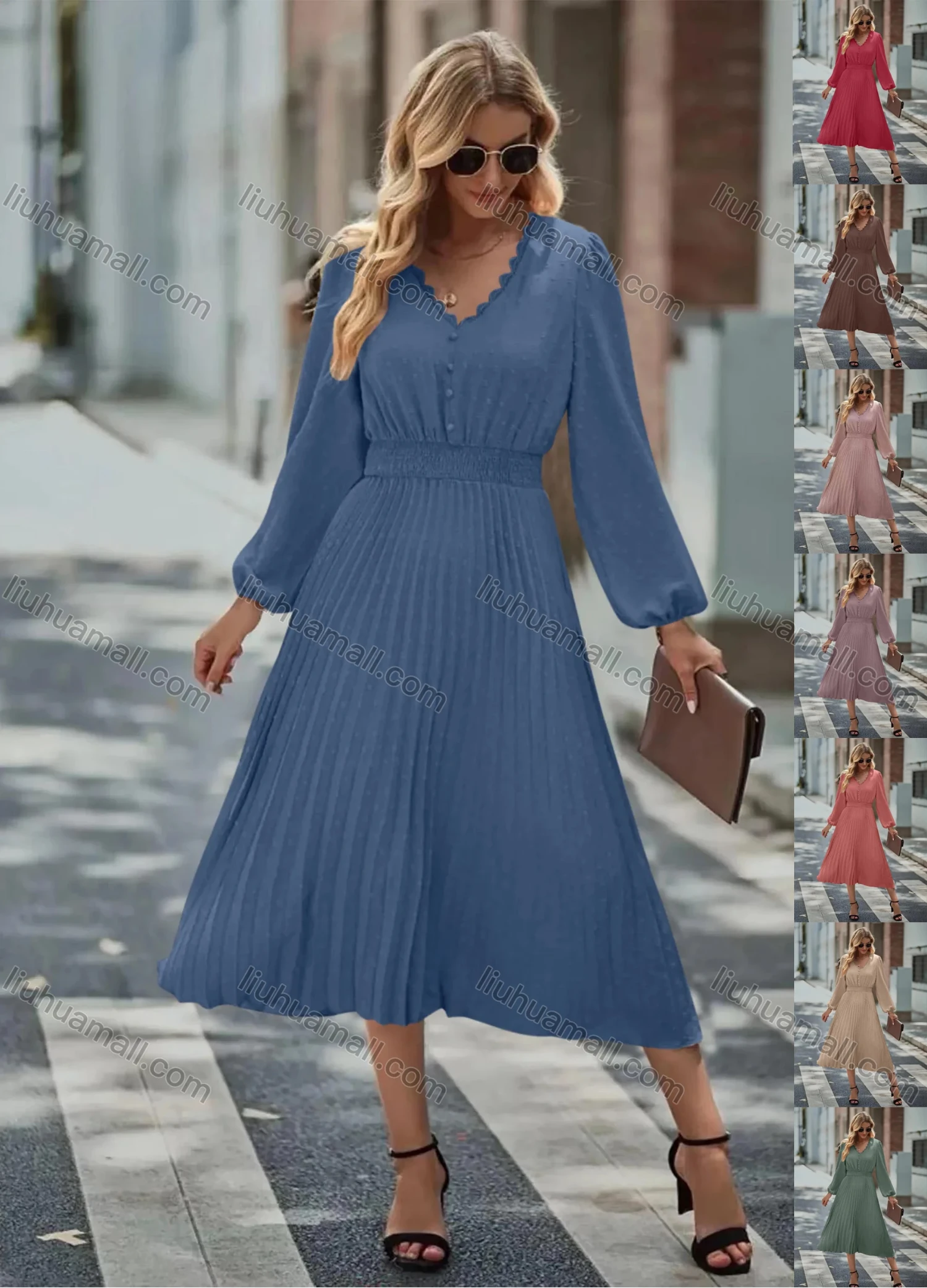 Wholesale Women's Casual Swiss Dot V Neck Lace Trim Button Front Shirred Long Sleeve Pleated Hem Midi Dress - Liuhuamall