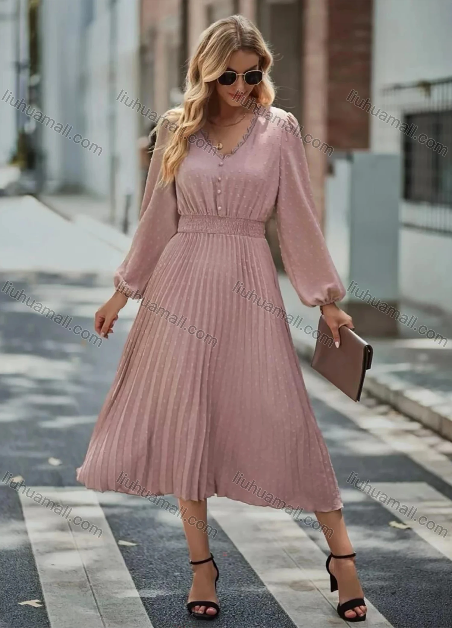 Wholesale Women's Casual Swiss Dot V Neck Lace Trim Button Front Shirred Long Sleeve Pleated Hem Midi Dress - Liuhuamall