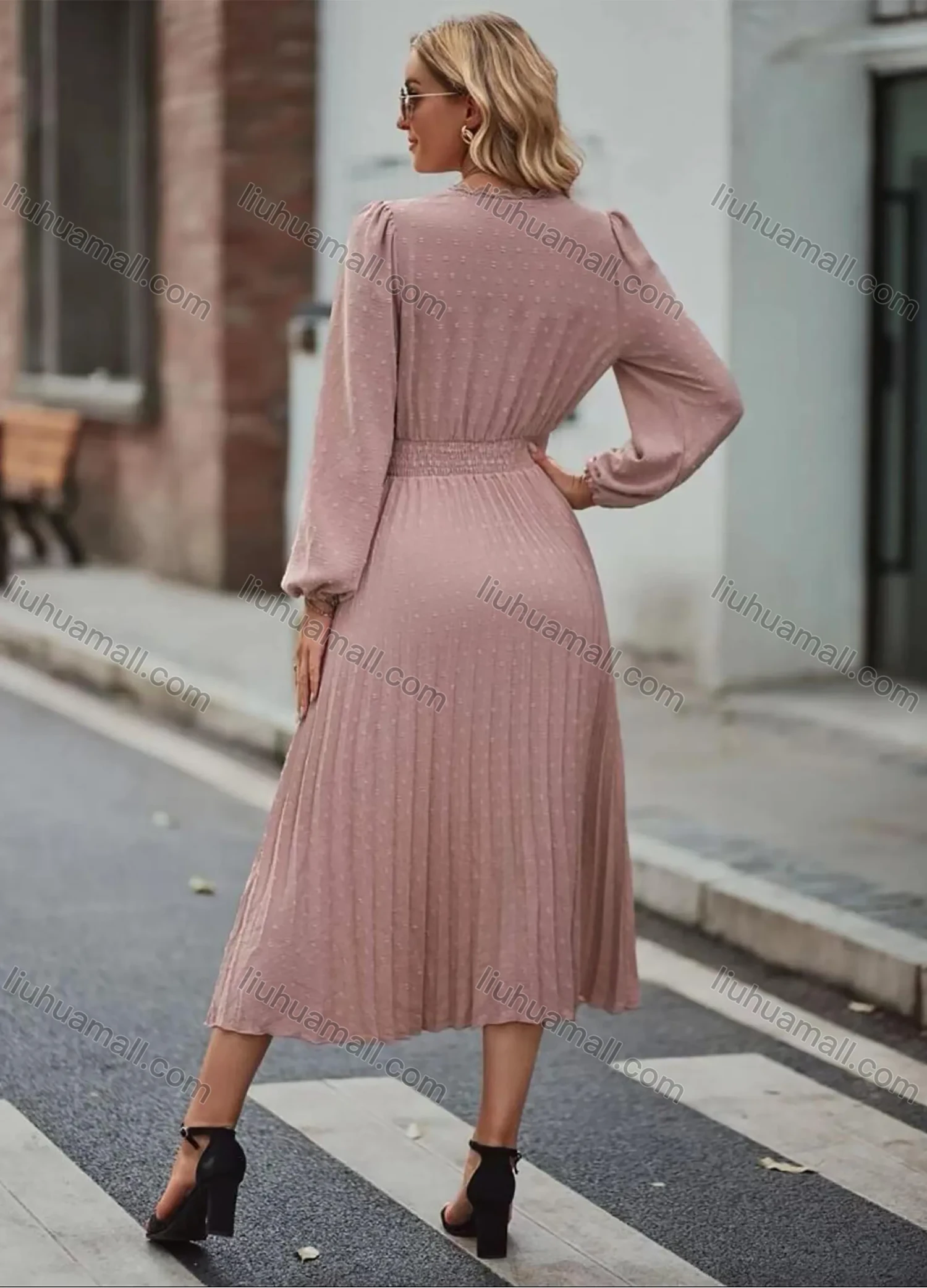 Wholesale Women's Casual Swiss Dot V Neck Lace Trim Button Front Shirred Long Sleeve Pleated Hem Midi Dress - Liuhuamall