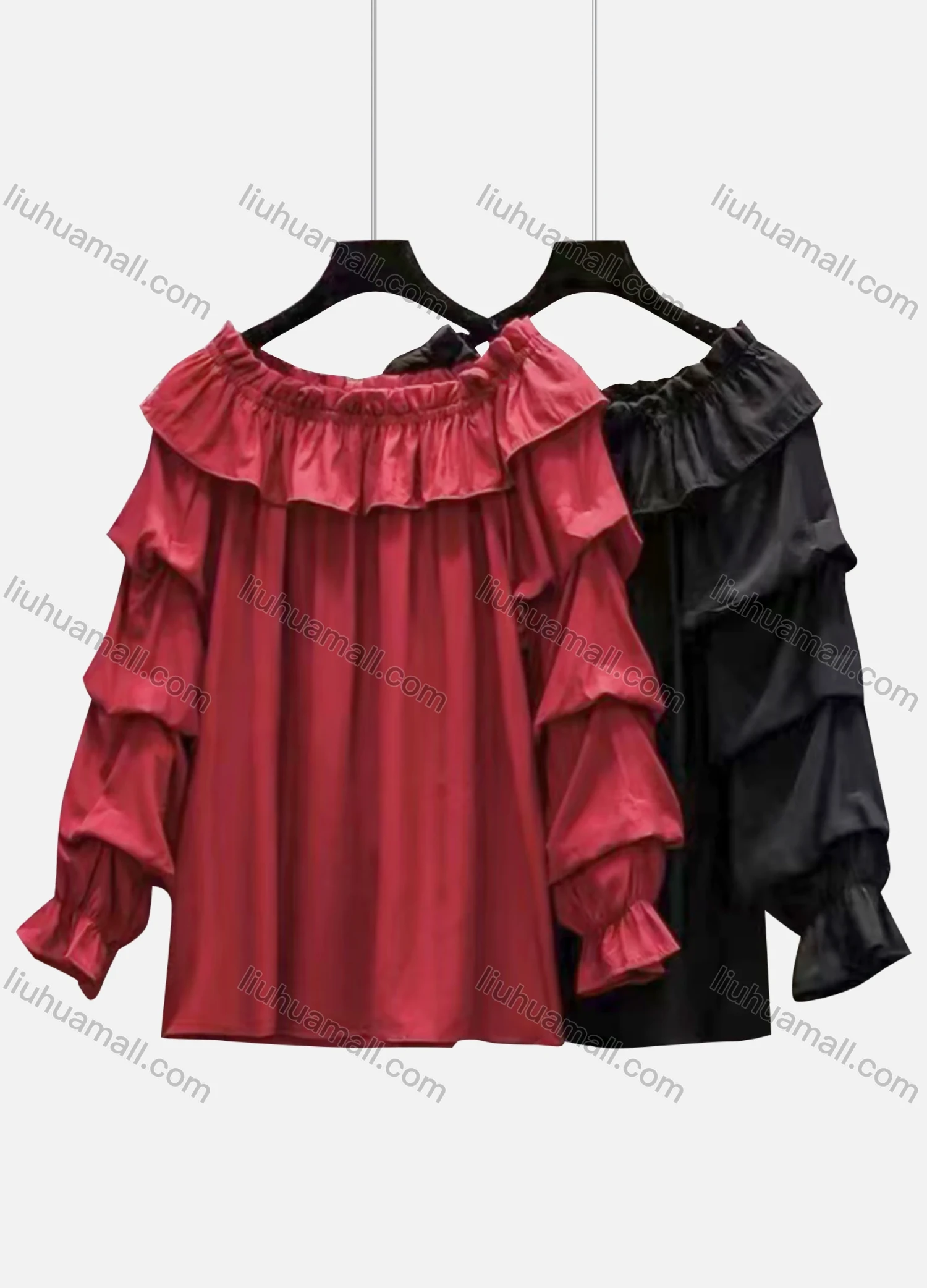 Wholesale Women's Causal Round Neck Layered Sleeve Ruffle Hem Plain Blouse - Liuhuamall