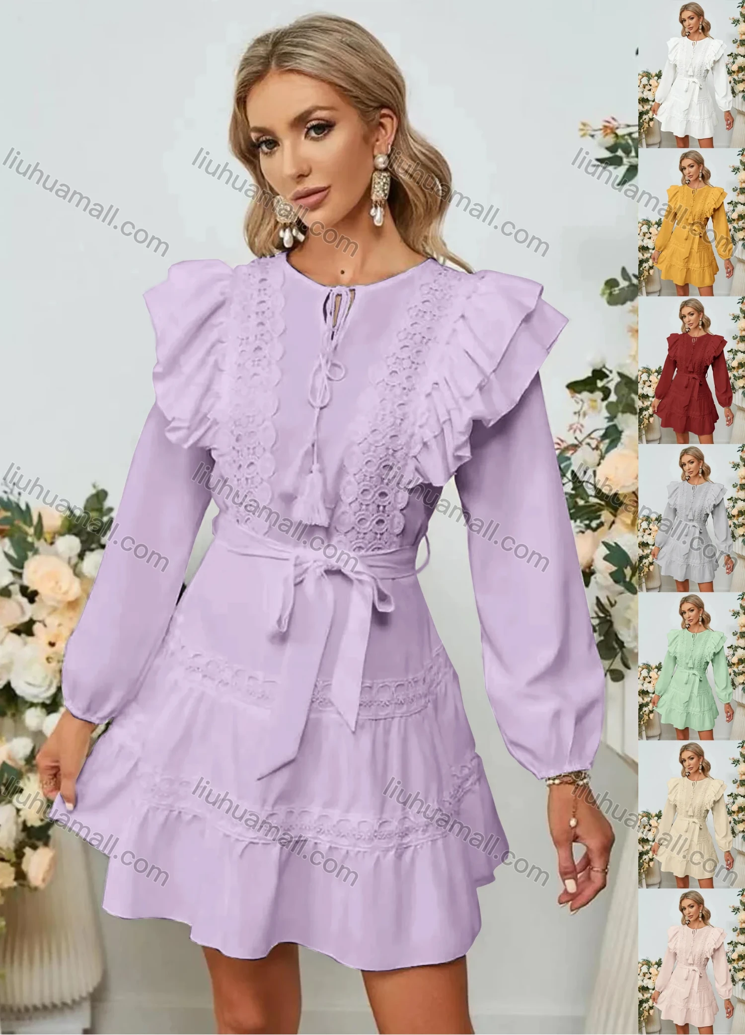 Wholesale Women's Casual Plain Embroidery Tie Neck Ruffle Trim Tie Front Long Sleeve Short Dress With Belt - Liuhuamall