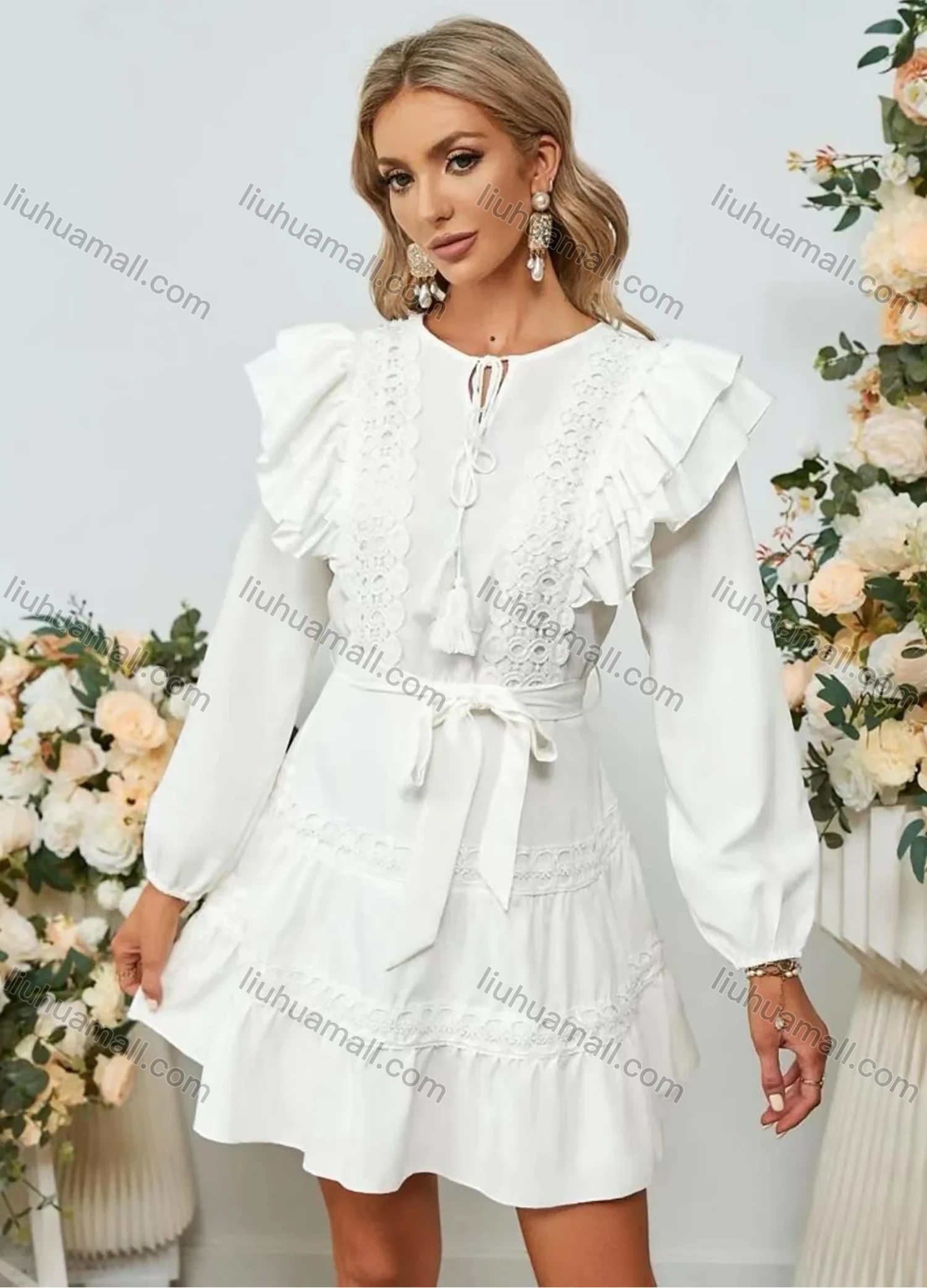 Wholesale Women's Casual Plain Embroidery Tie Neck Ruffle Trim Tie Front Long Sleeve Short Dress With Belt - Liuhuamall