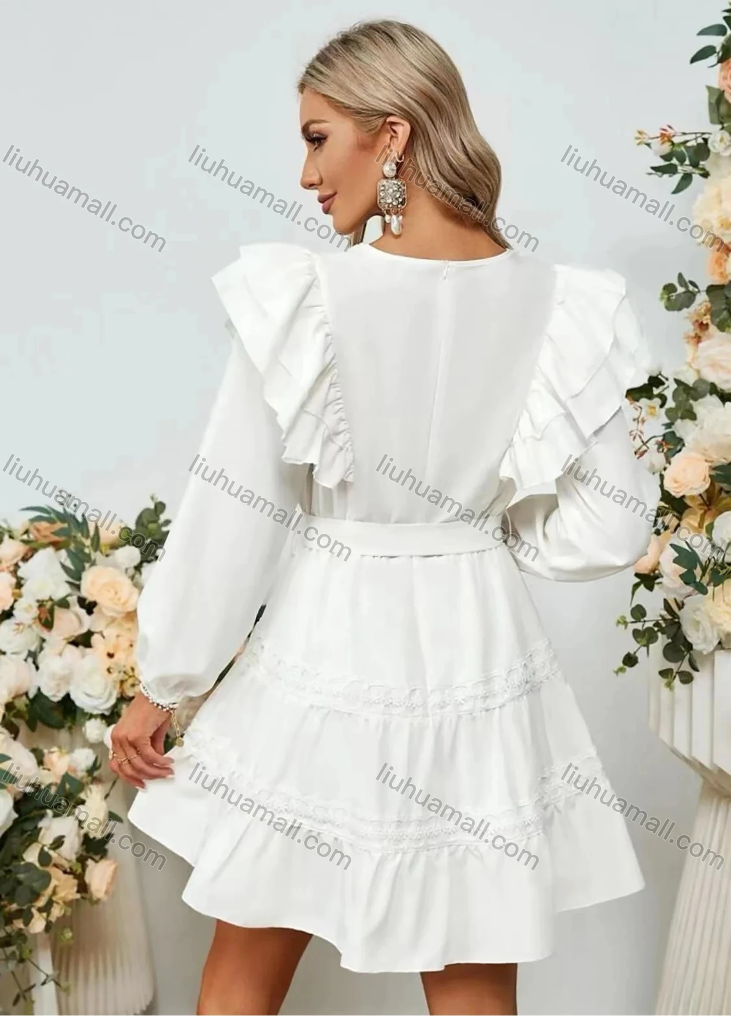 Wholesale Women's Casual Plain Embroidery Tie Neck Ruffle Trim Tie Front Long Sleeve Short Dress With Belt - Liuhuamall