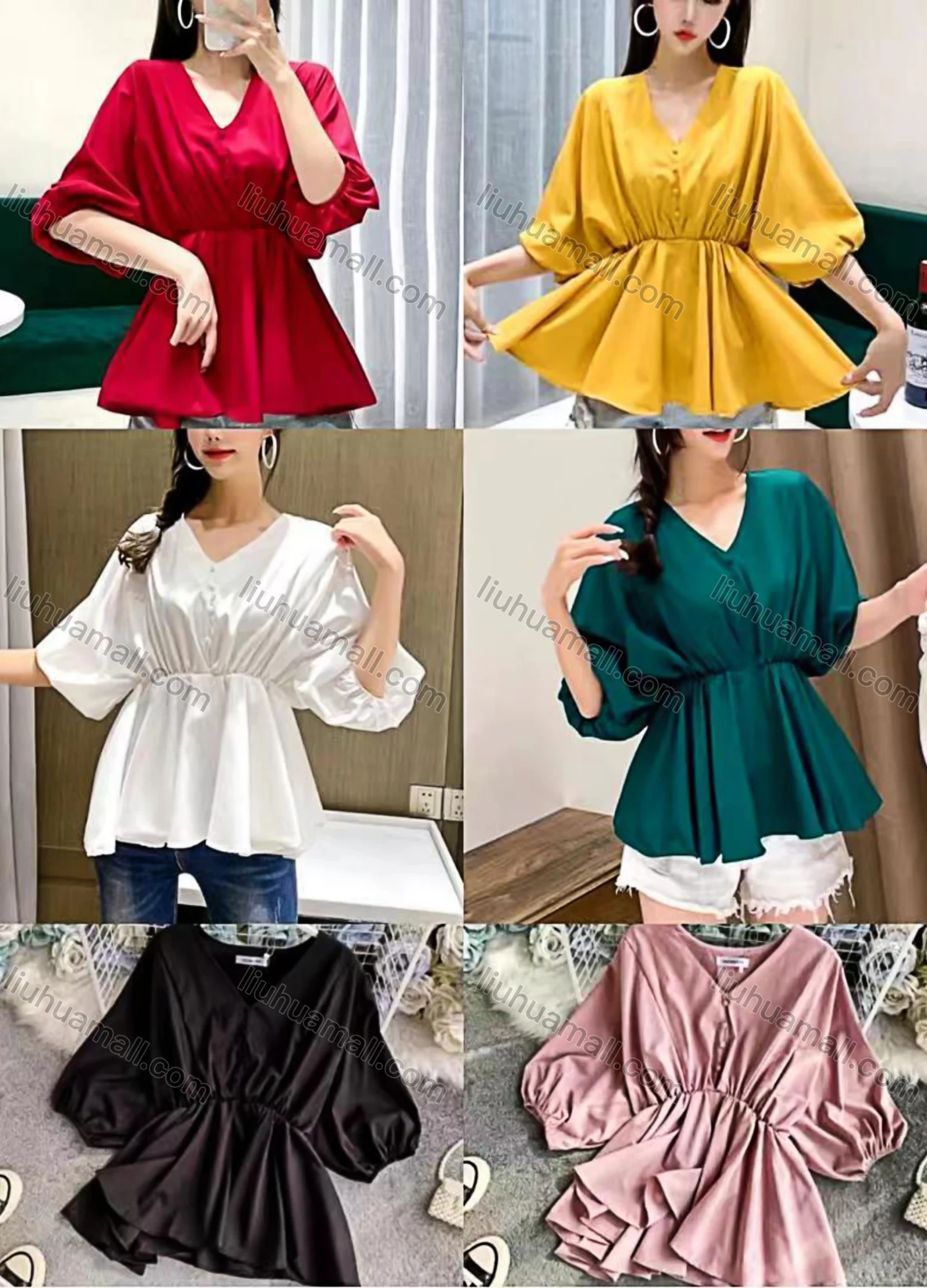 Wholesale Women's Casual V Neck Lantern Sleeve Button Decor Plain Blouse - Liuhuamall