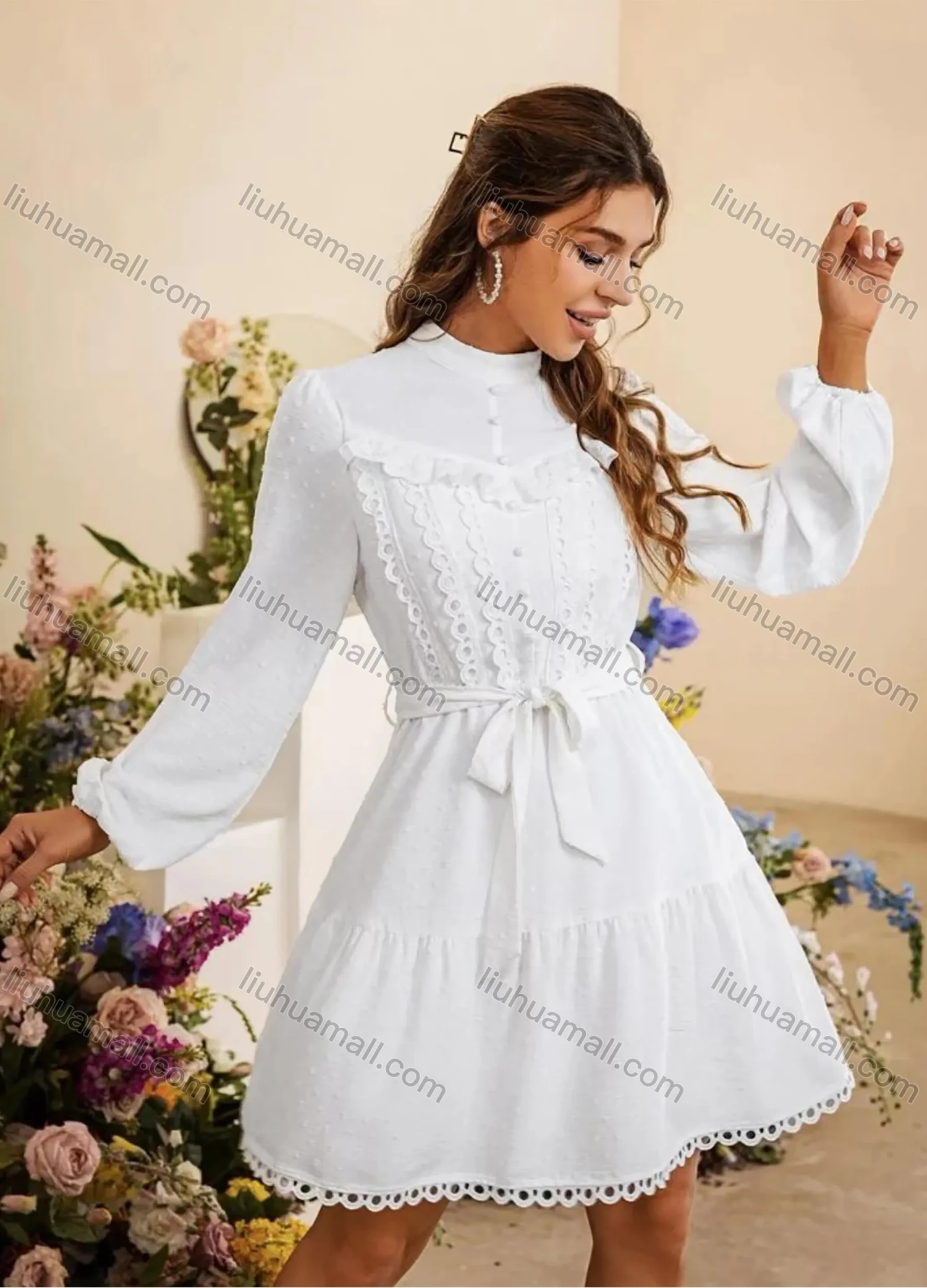 Wholesale Women's Casual Plain Stand Collar Lace Trim Tie Front Long Sleeve Short Dress With Belt - Liuhuamall