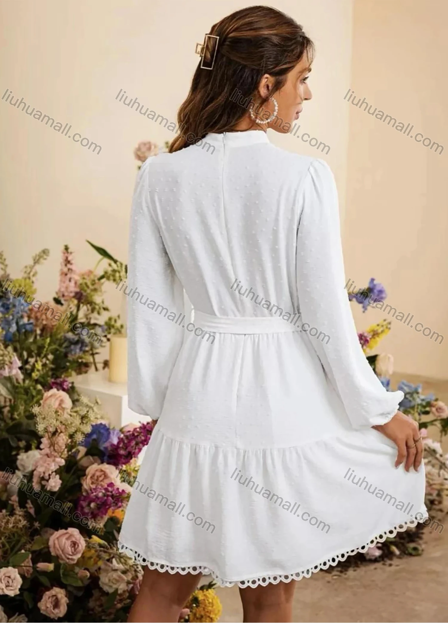 Wholesale Women's Casual Plain Stand Collar Lace Trim Tie Front Long Sleeve Short Dress With Belt - Liuhuamall