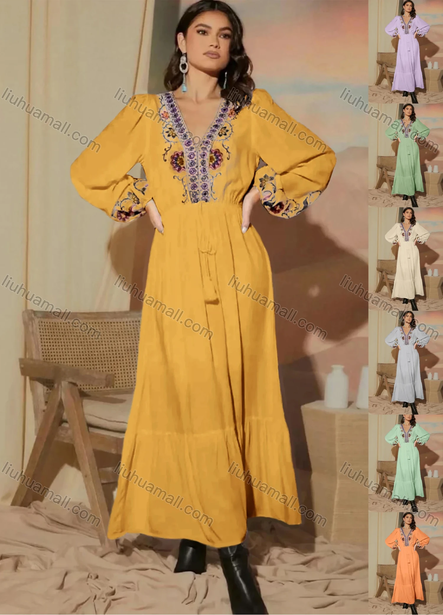 Wholesale Women's Casual Vintage Embroidery V Neck Long Sleeve Maxi Dress - Liuhuamall
