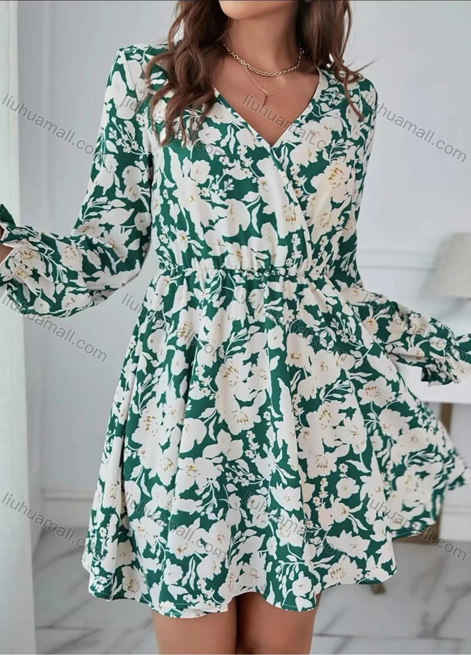 Wholesale Women's Casual Floral Print Wrap V Neck Long Sleeve Short Dress - Liuhuamall