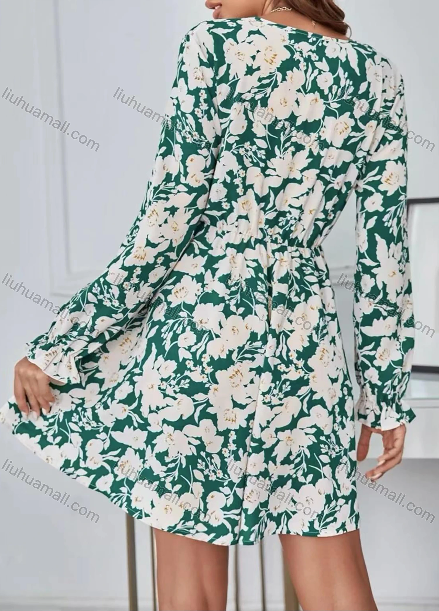 Wholesale Women's Casual Floral Print Wrap V Neck Long Sleeve Short Dress - Liuhuamall