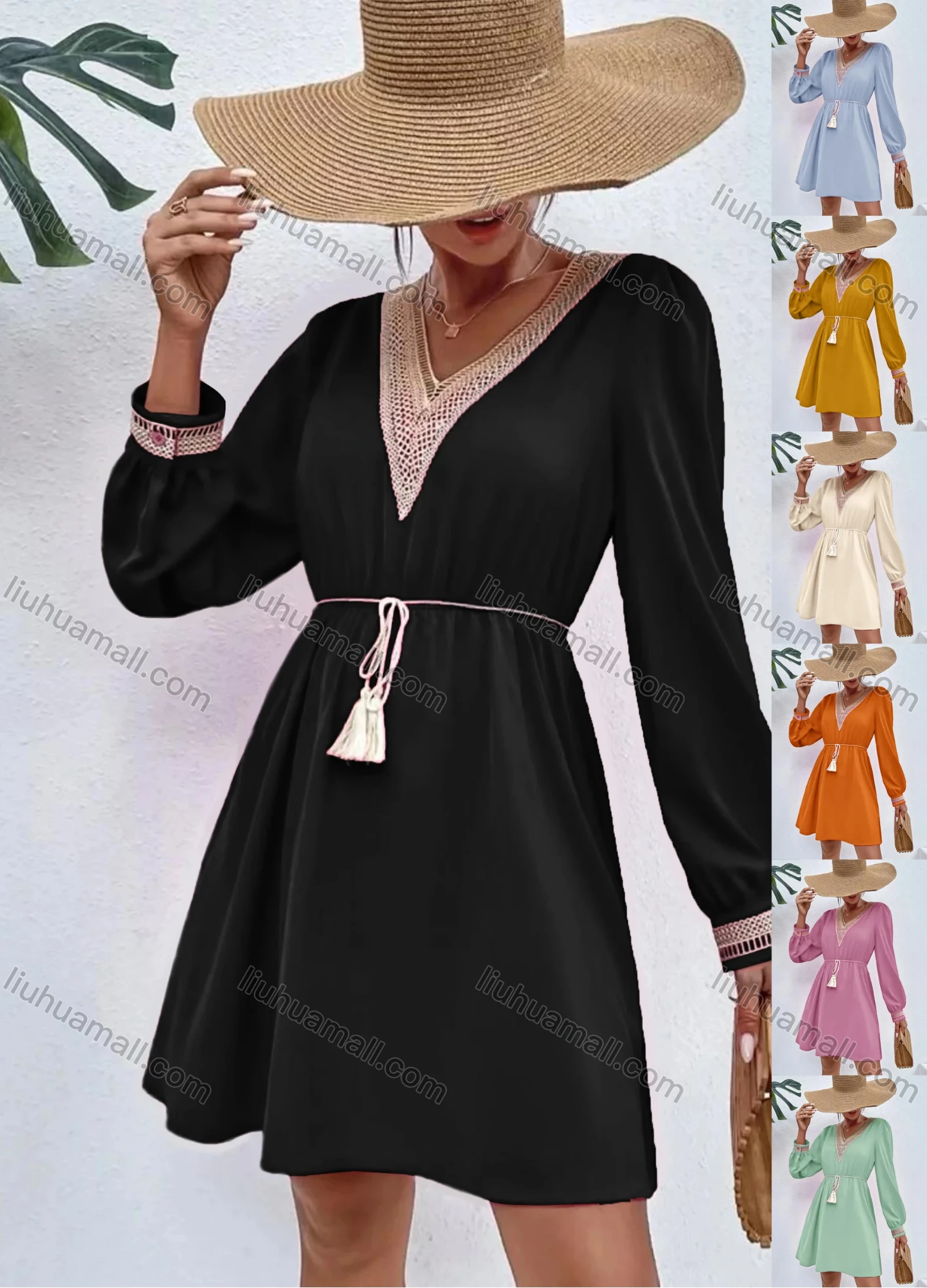 Wholesale Women's Casual Plain Lace Trim V Neck Tie Front Long Sleeve Short Dress - Liuhuamall