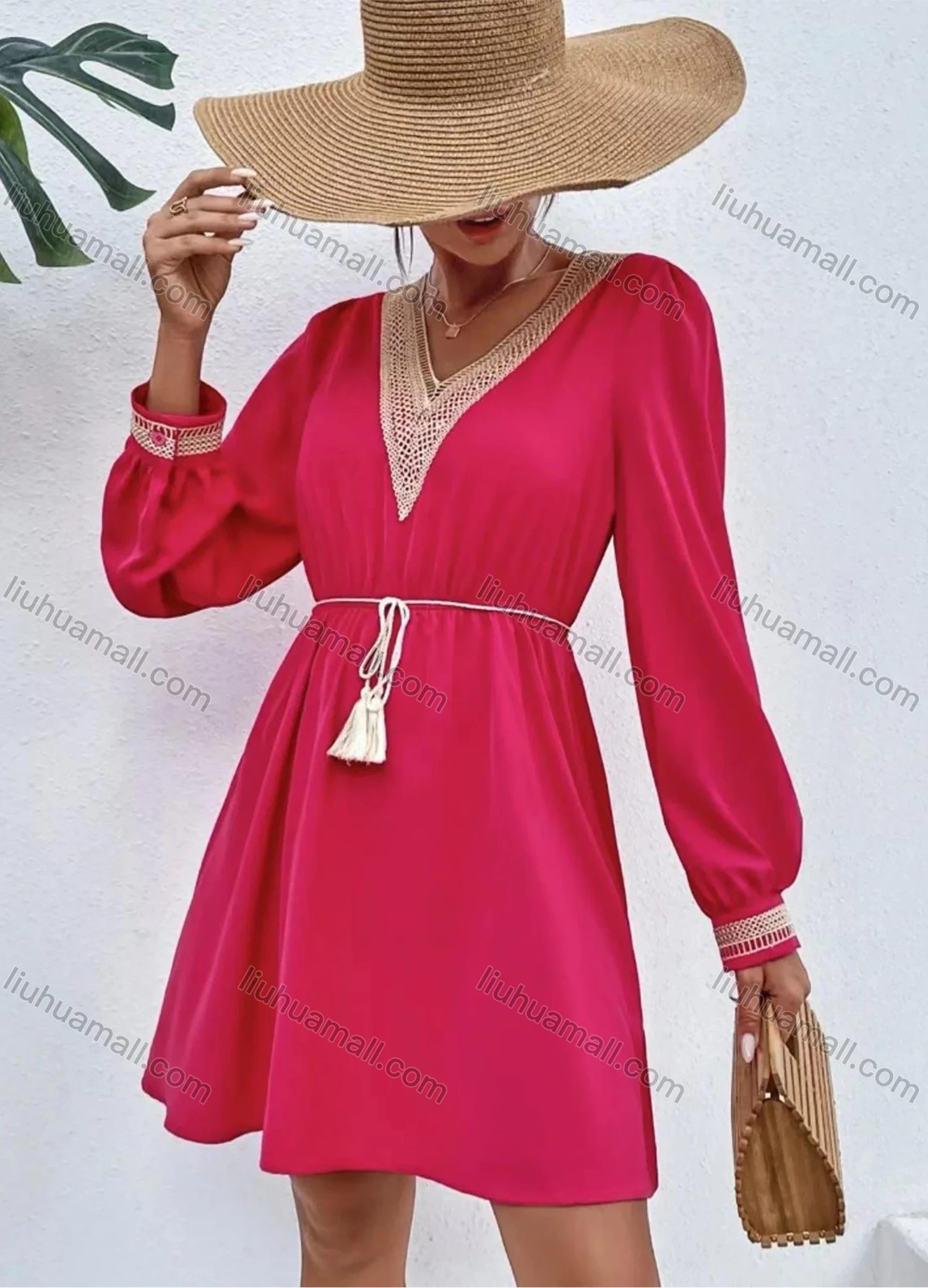 Wholesale Women's Casual Plain Lace Trim V Neck Tie Front Long Sleeve Short Dress - Liuhuamall