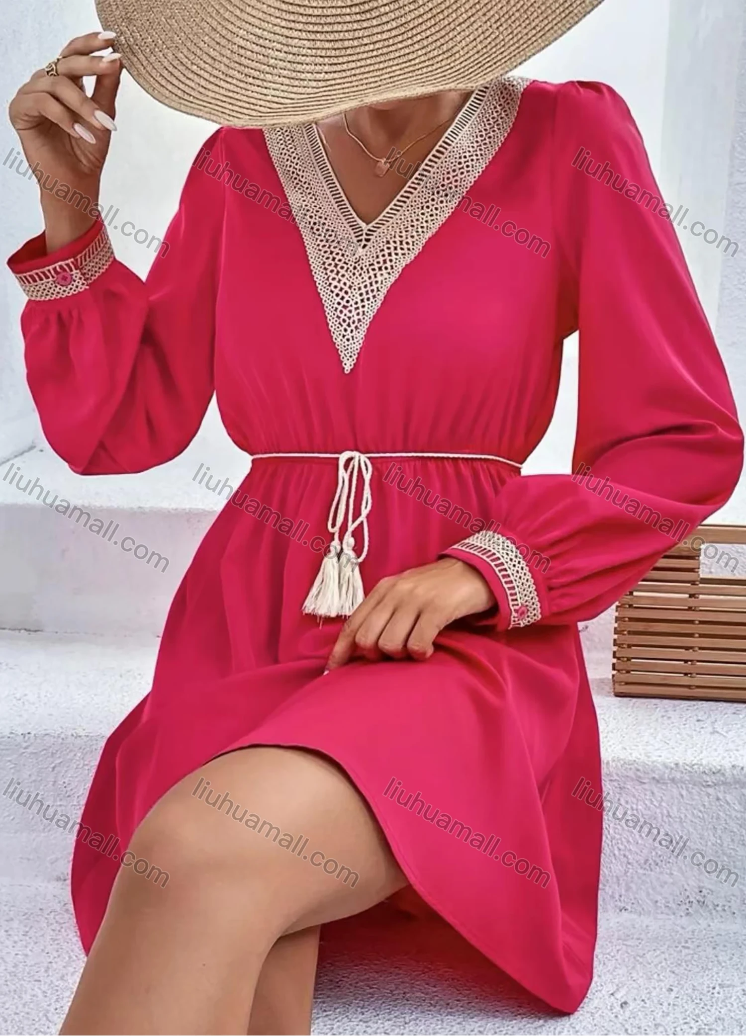 Wholesale Women's Casual Plain Lace Trim V Neck Tie Front Long Sleeve Short Dress - Liuhuamall