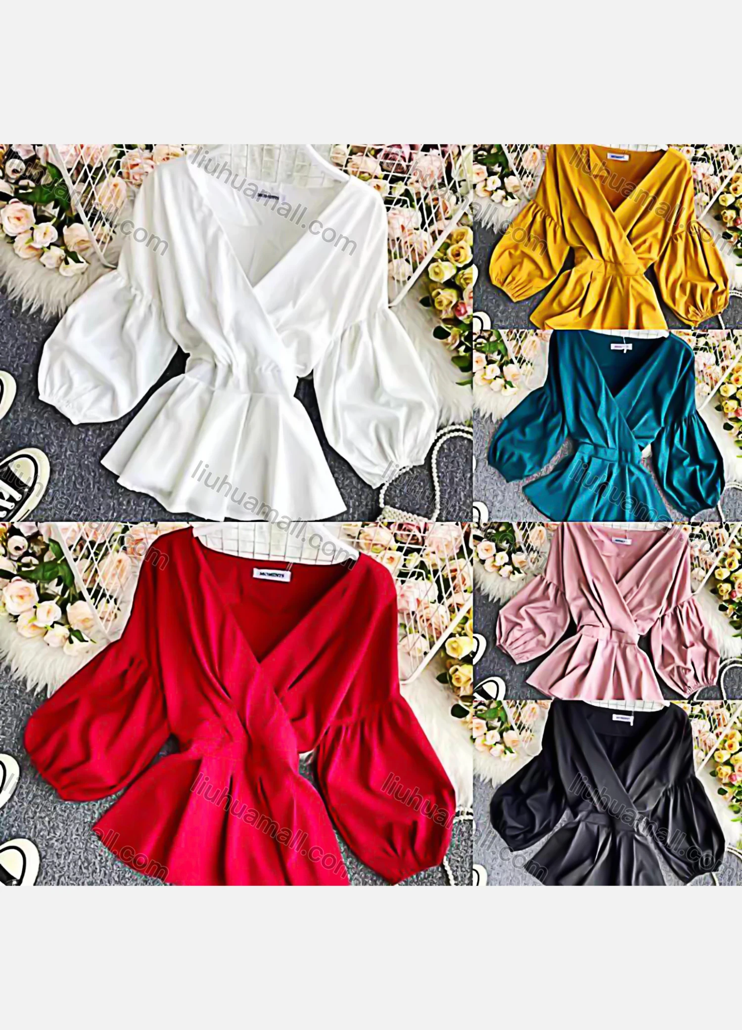 Wholesale Women's Causal V Neck Puff Sleeve Plain Wrap Blouse - Liuhuamall