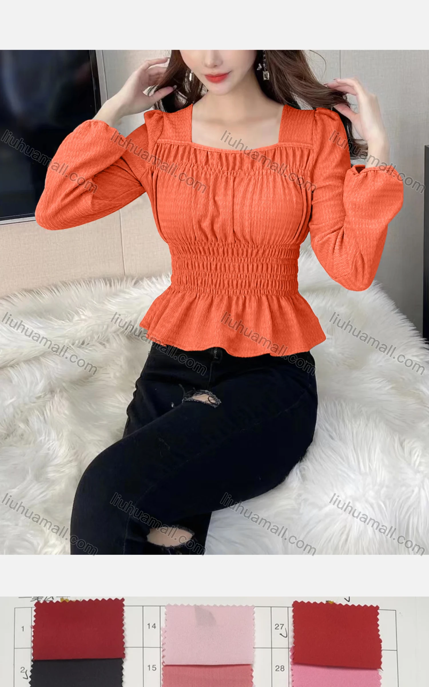 Wholesale Women's Causal Square Neck Lantern Sleeve Ruffle Hem Plain Blouse - Liuhuamall