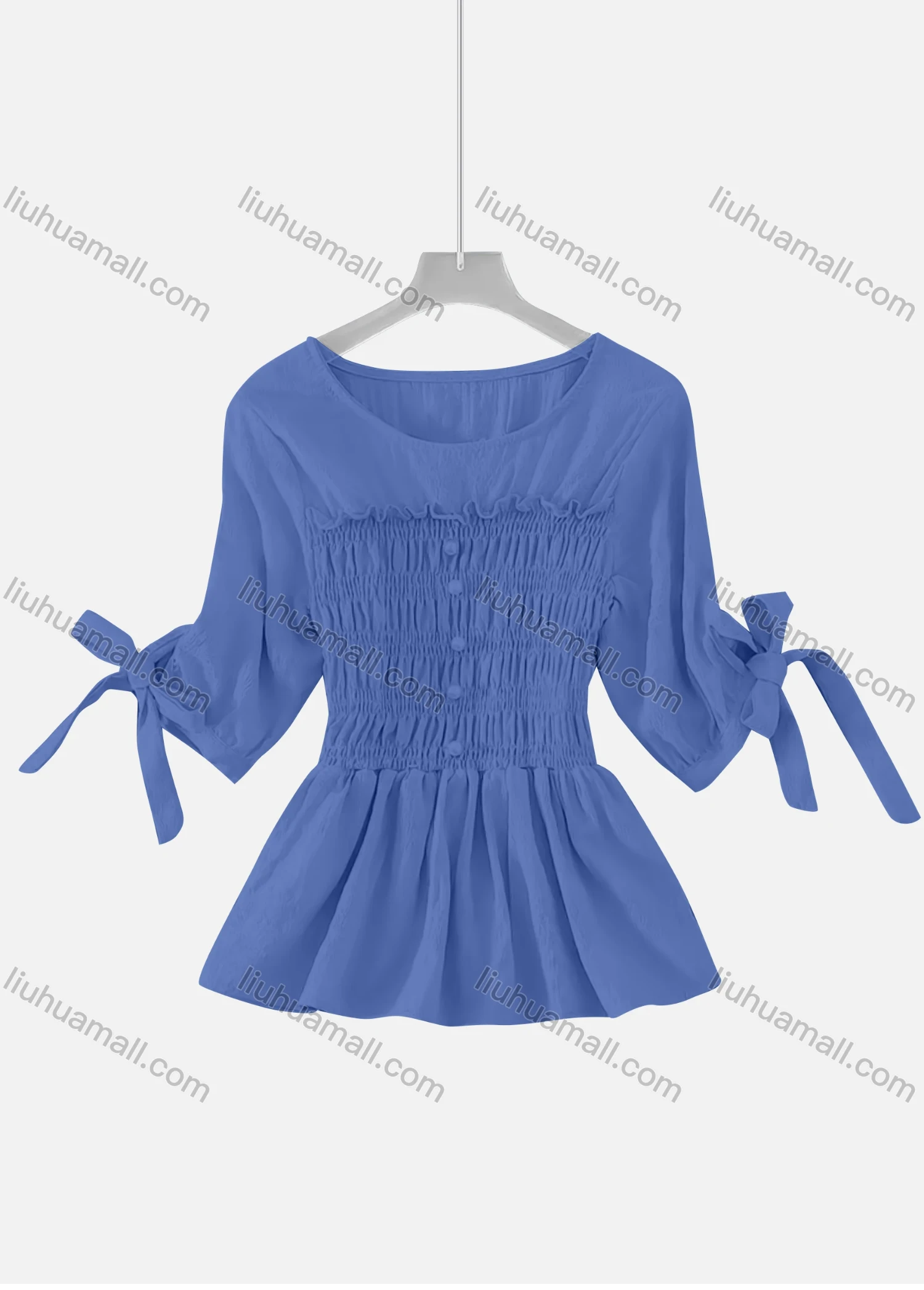 Wholesale Women's Causal Crew Neck 3/4 Sleeve Shirred Plain Blouse - Liuhuamall