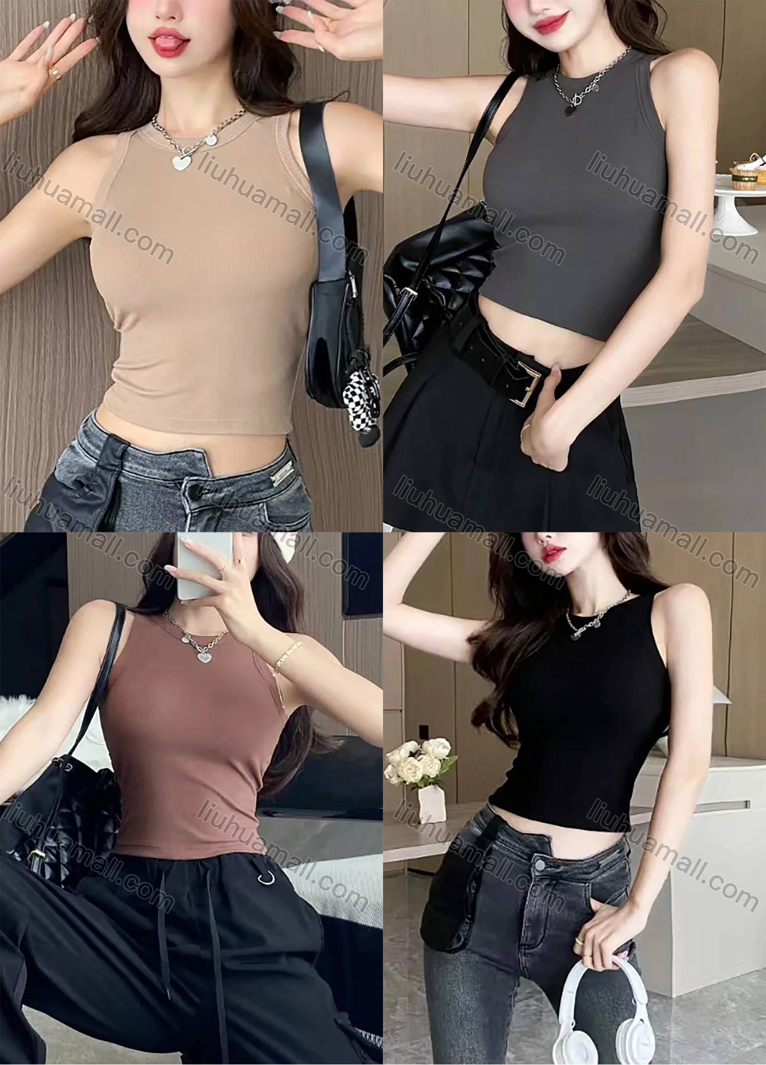 Wholesale Women's Casual Plain Round Neck Crop Tank Top 9035# - Liuhuamall
