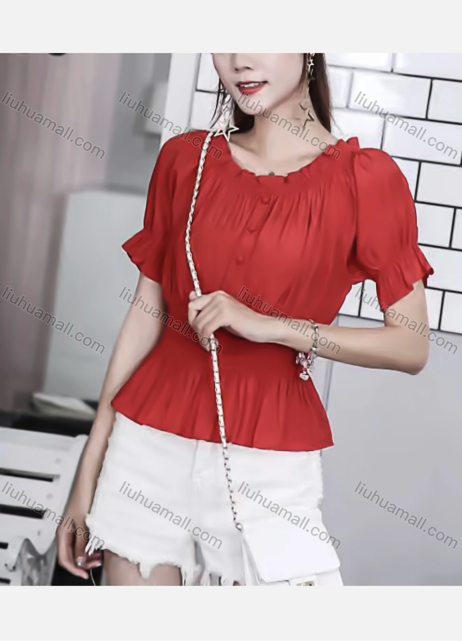 Wholesale Women's Causal Crew Neck Puff Sleeve Shirred Plain Blouse - Liuhuamall