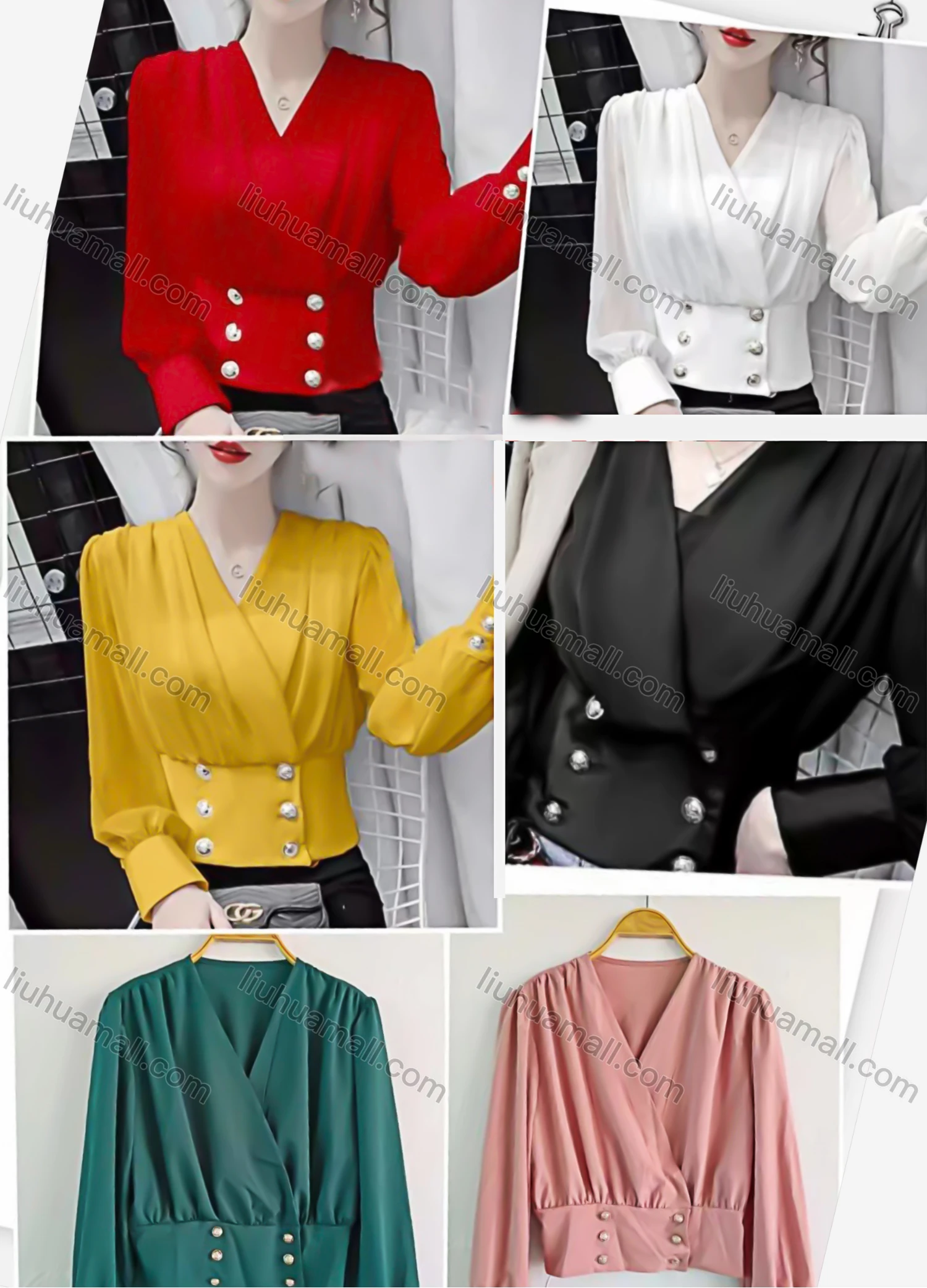 Wholesale Women's Causal V Neck Long Sleeve Button Decor Plain Wrap Blouse - Liuhuamall