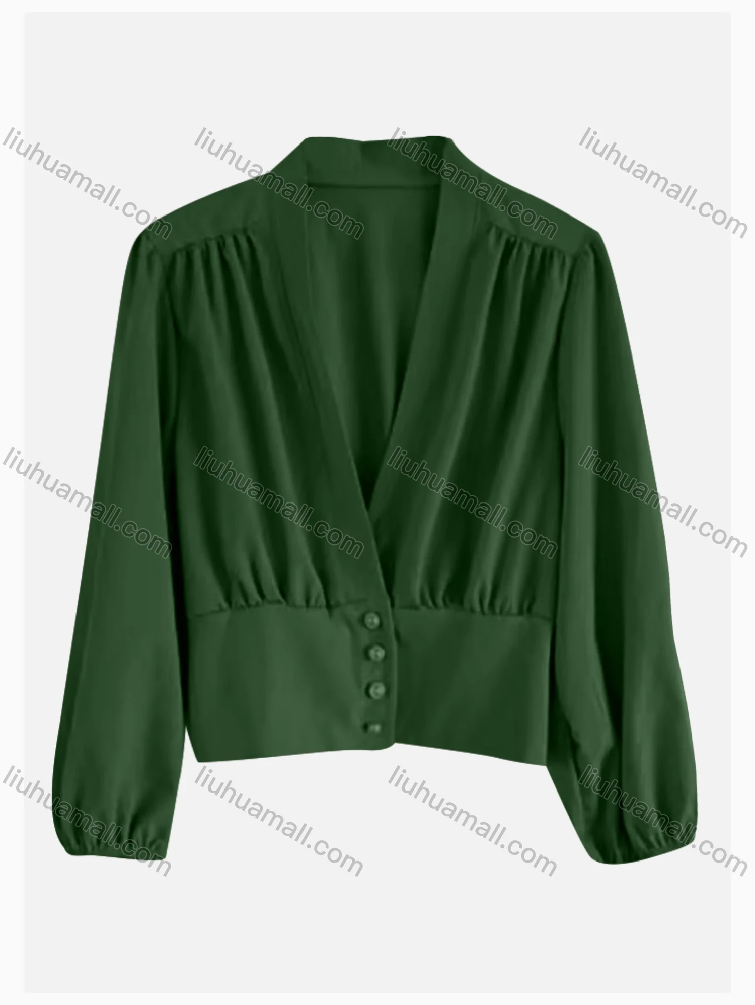 Wholesale Women's Causal V Neck Lantern Sleeve Button Decor Plain Blouse - Liuhuamall