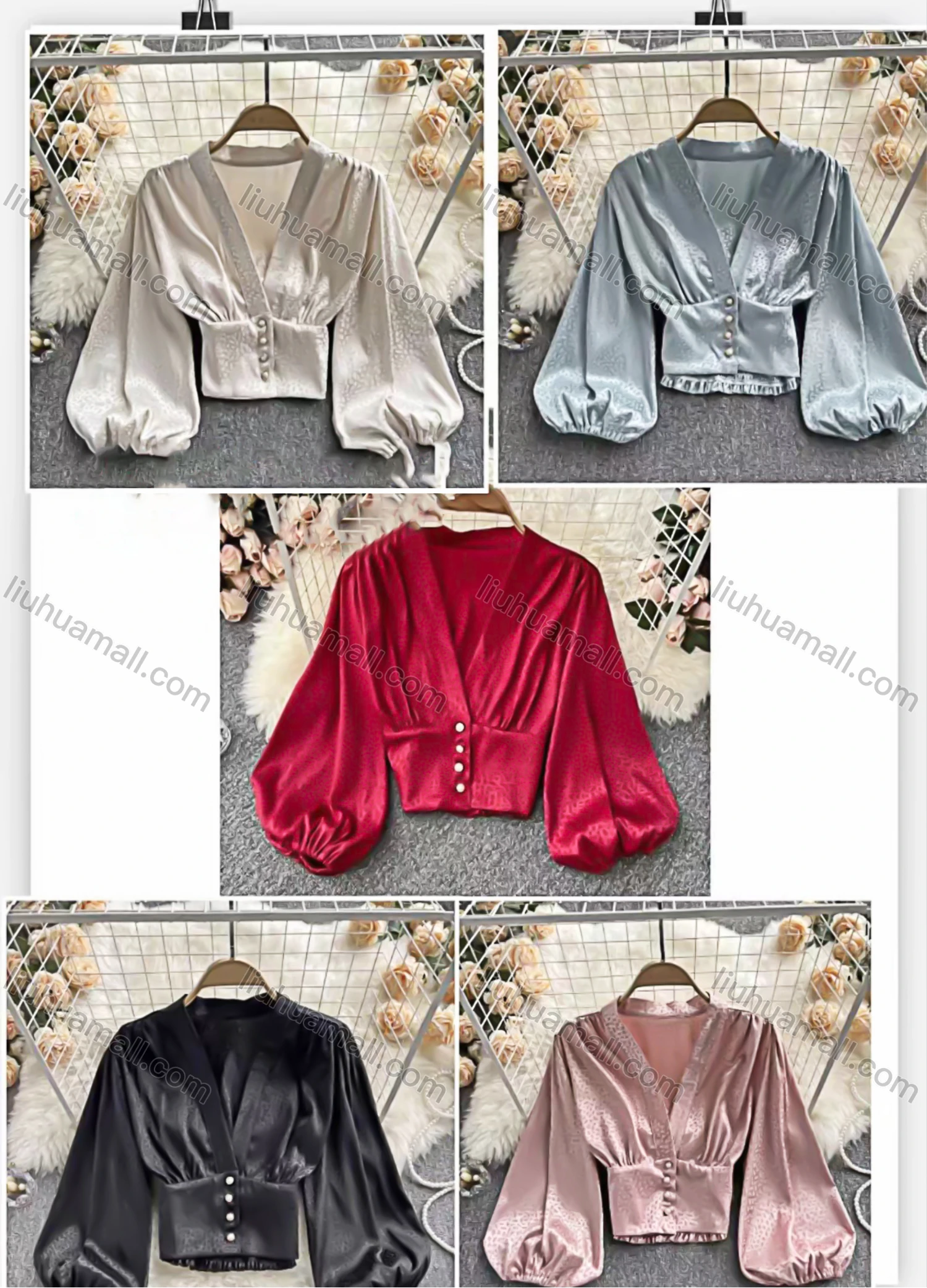 Wholesale Women's Causal V Neck Lantern Sleeve Button Decor Plain Blouse - Liuhuamall