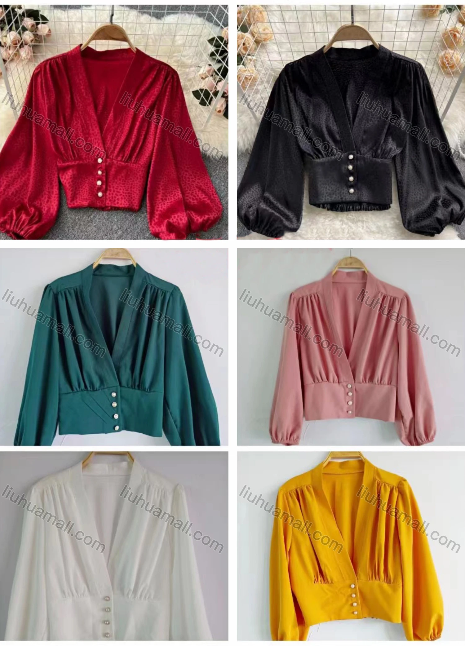 Wholesale Women's Causal V Neck Lantern Sleeve Button Decor Plain Blouse - Liuhuamall