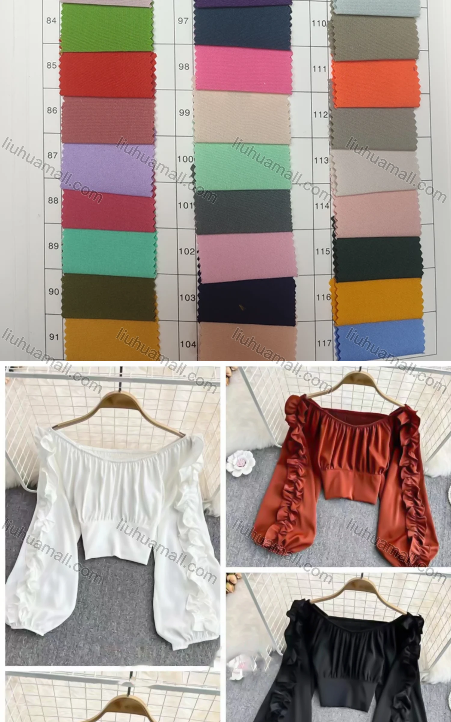 Wholesale Women's Causal Off Shoulder Bishop Sleeve Ruffle Trim Plain Blouse - Liuhuamall