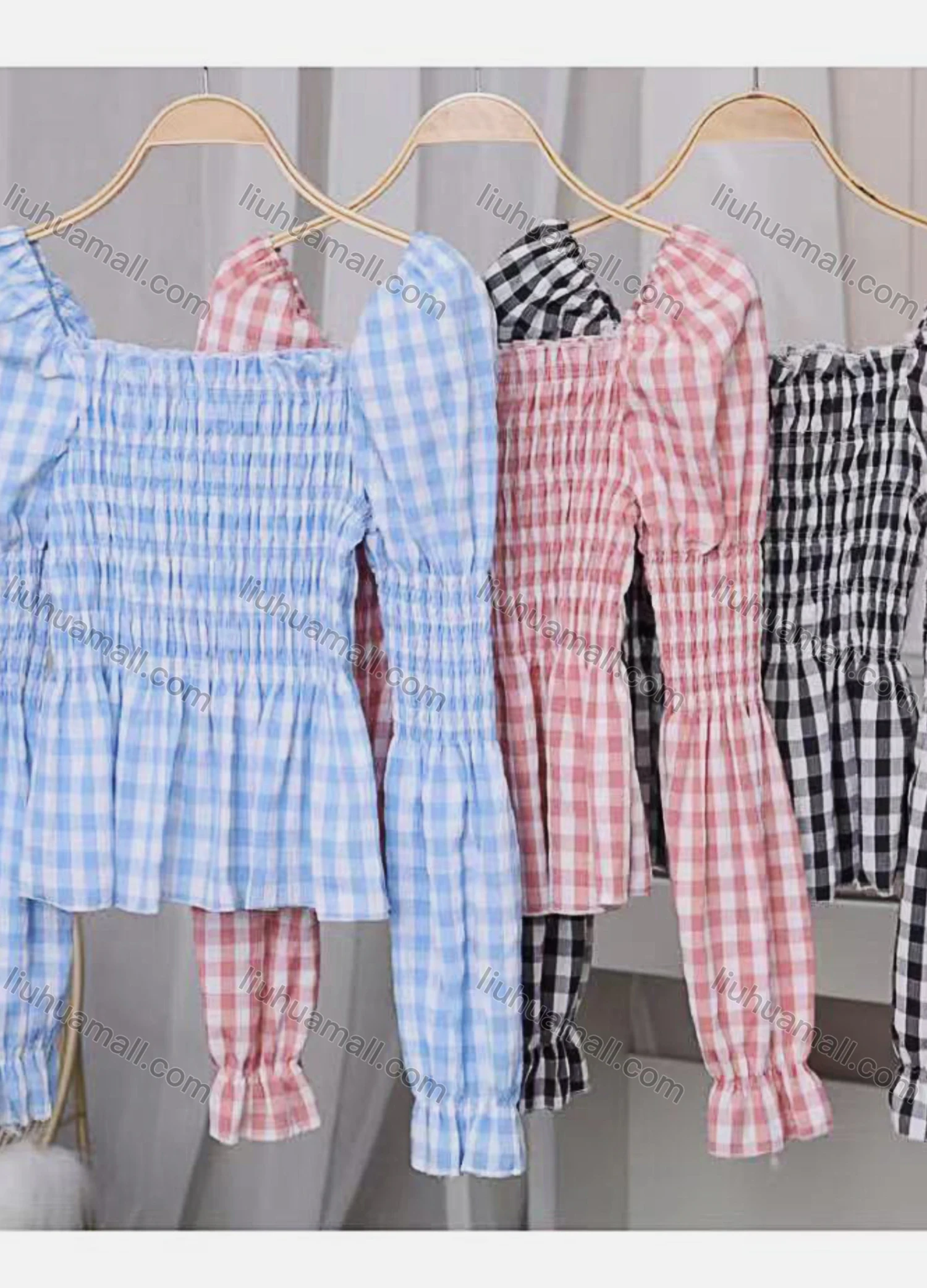 Wholesale Women's Causal Square Neck Puff Sleeve Gingham Print Blouse - Liuhuamall