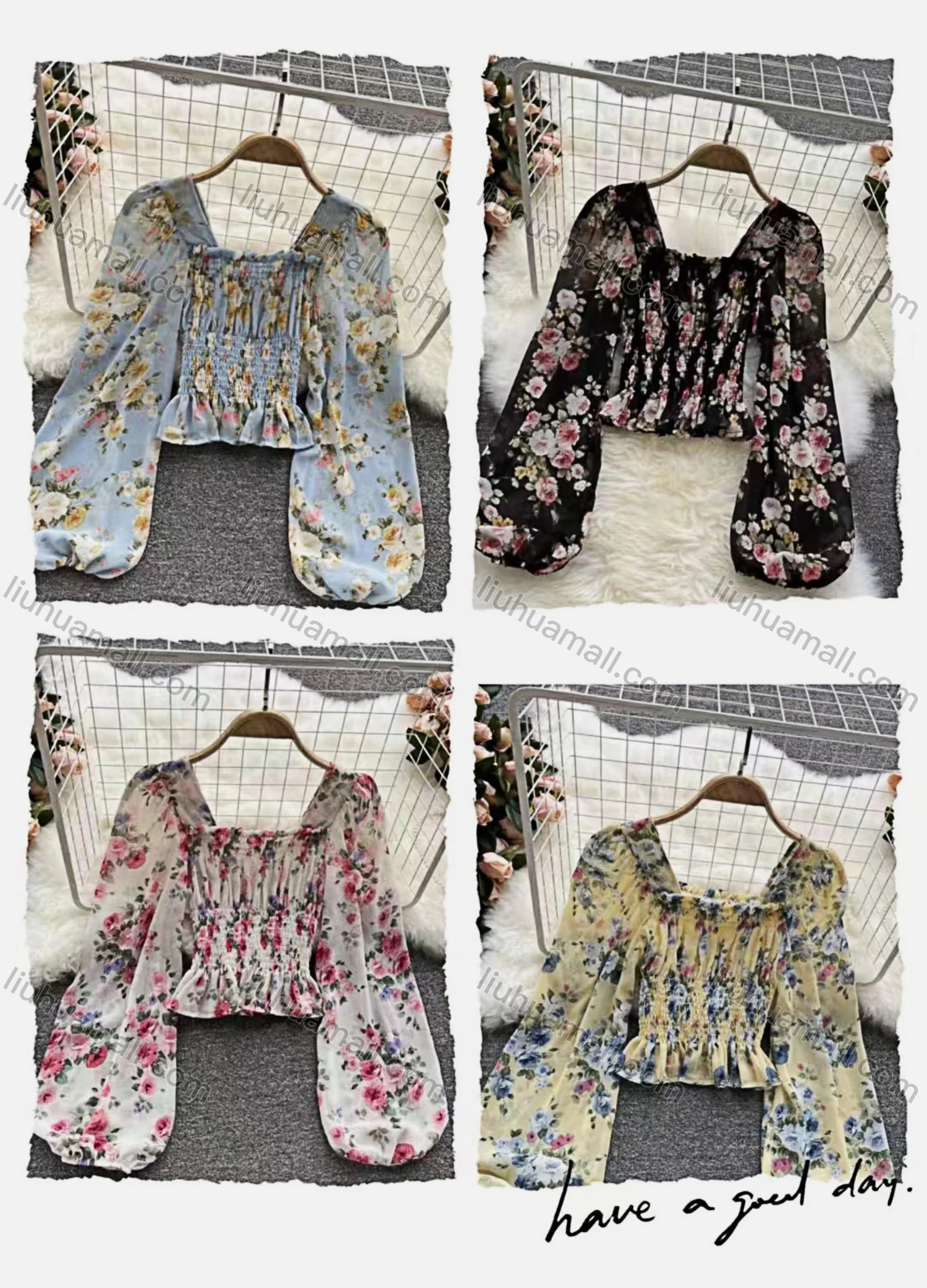 Wholesale Women's Causal Square Neck Bishop Sleeve Floral Print Crop Blouse - Liuhuamall