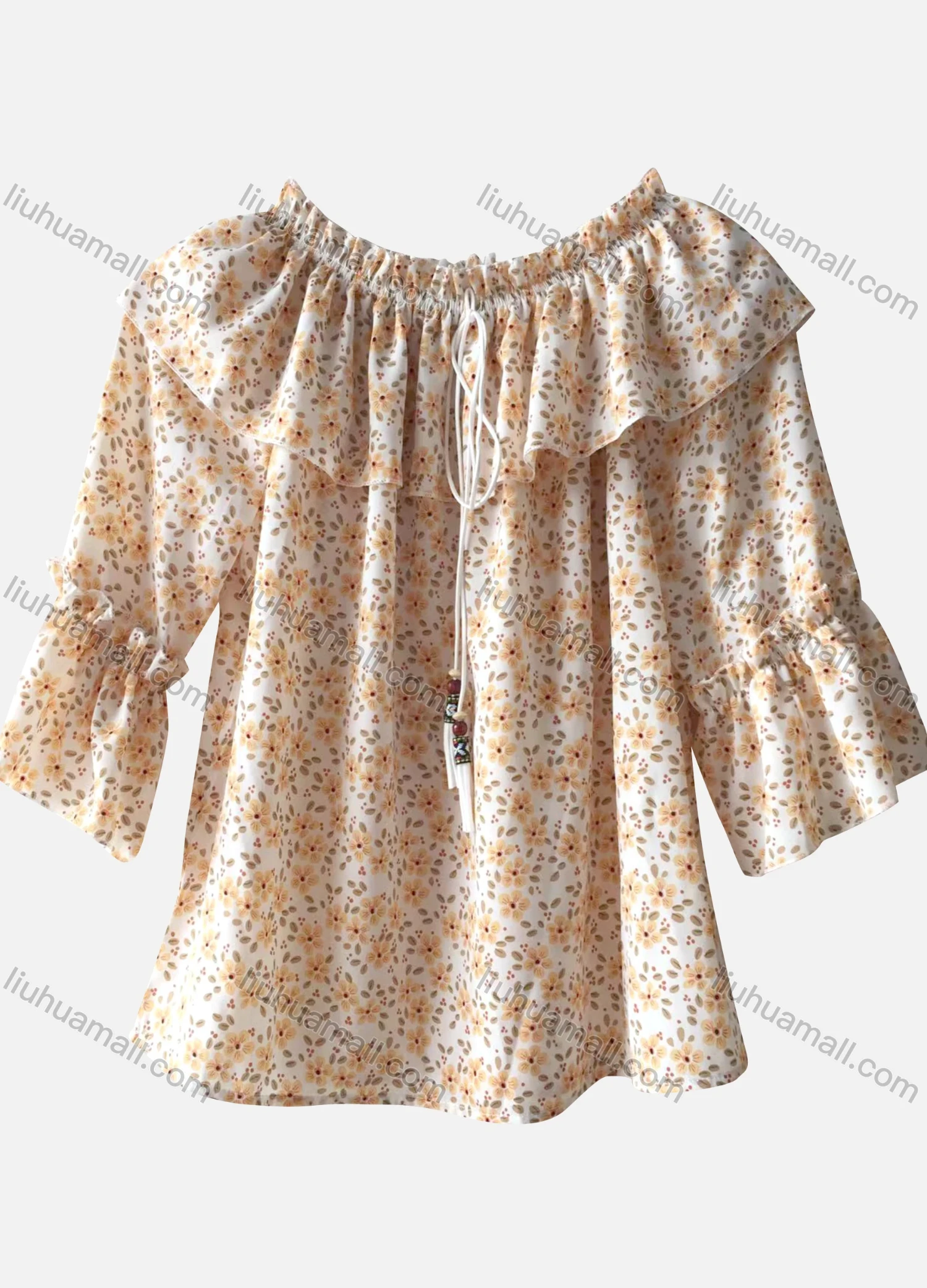 Wholesale Women's Causal Off Shoulder Short Sleeve Ruffle Trim Ditsy Floral Blouse - Liuhuamall