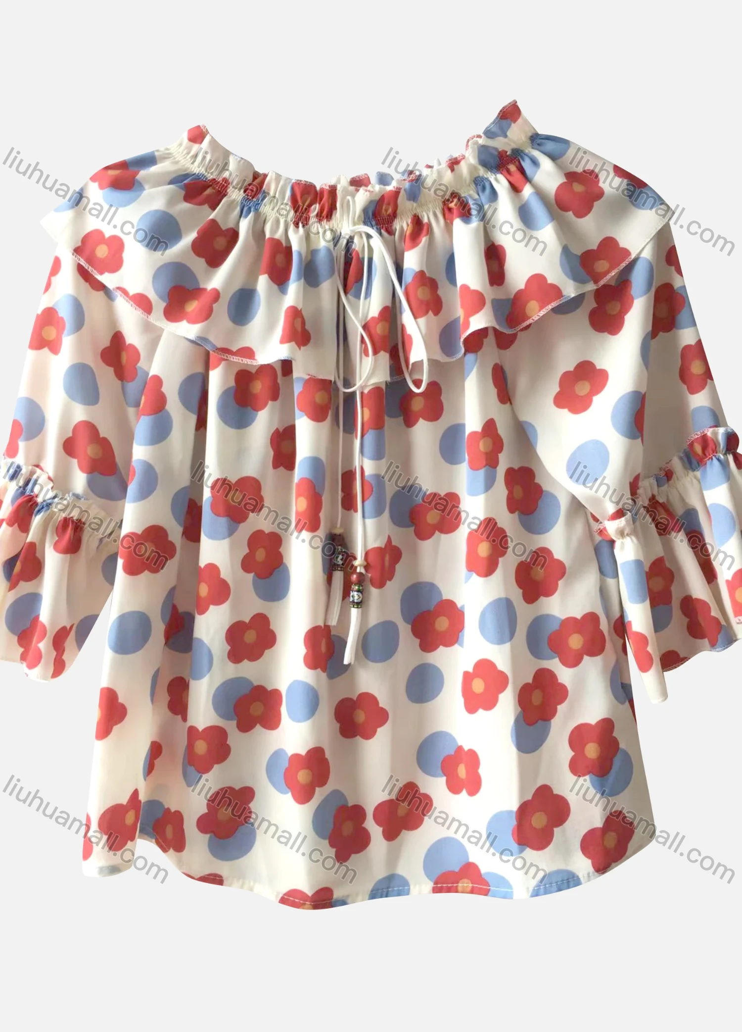 Wholesale Women's Causal Off Shoulder 3/4 Sleeve Ruffle Trim Floral Print Blouse - Liuhuamall