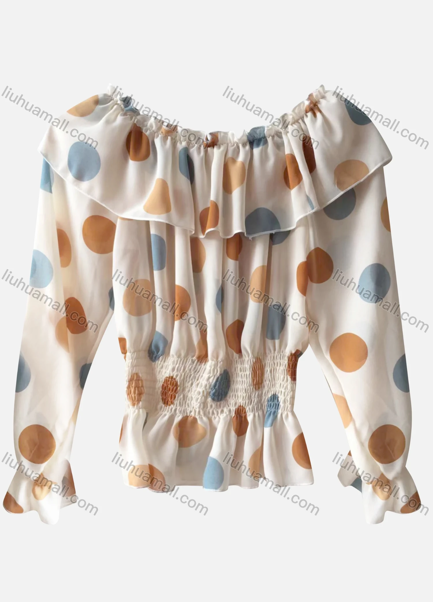 Wholesale Women's Chiffon Off Shoulder Poet Sleeve Ruffle Trim Polka Dot Blouse - Liuhuamall