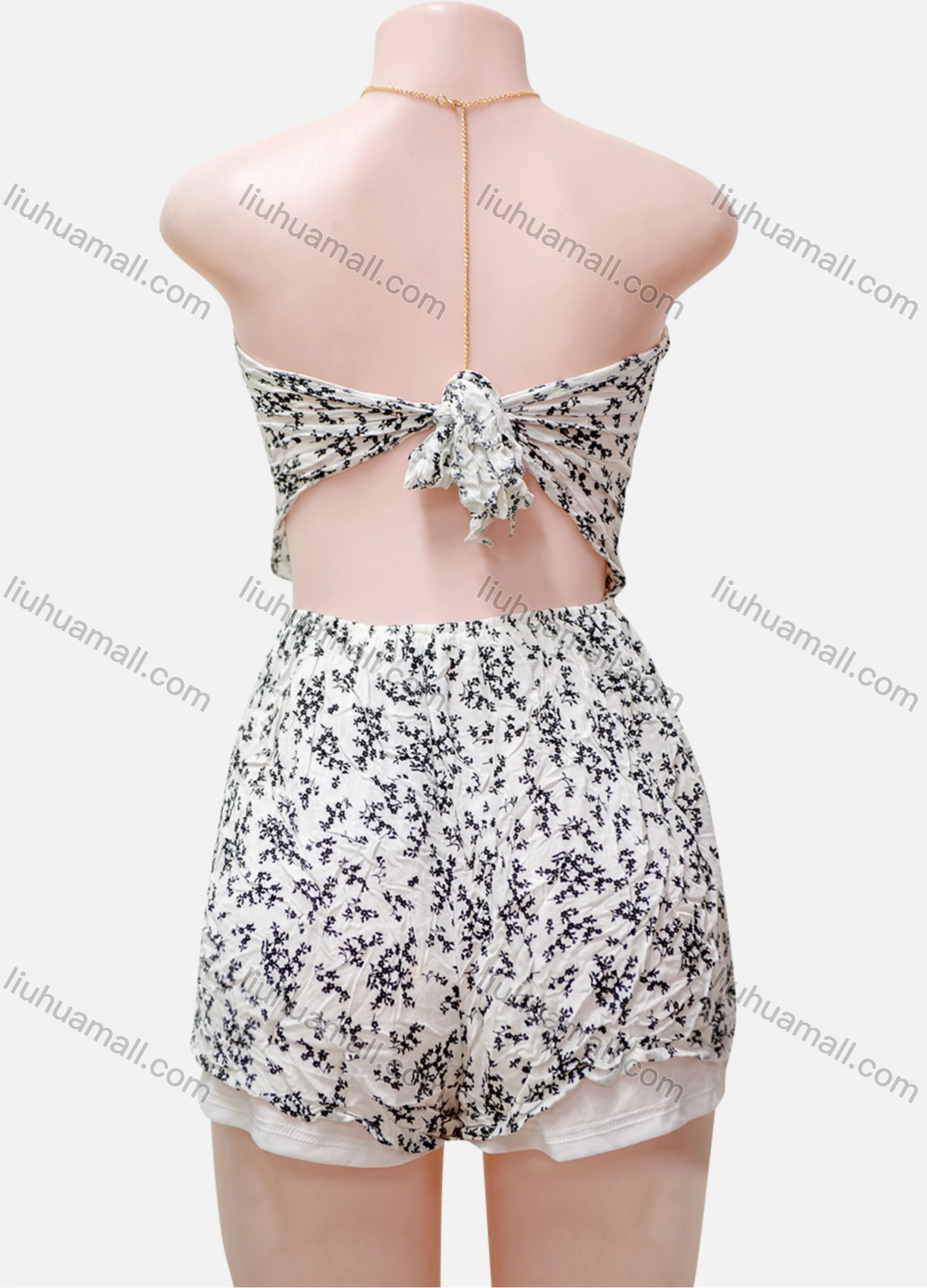 Wholesale Women's Casual Floral Print Off Shoulder Sleeveless Tie Back Rompers - Liuhuamall
