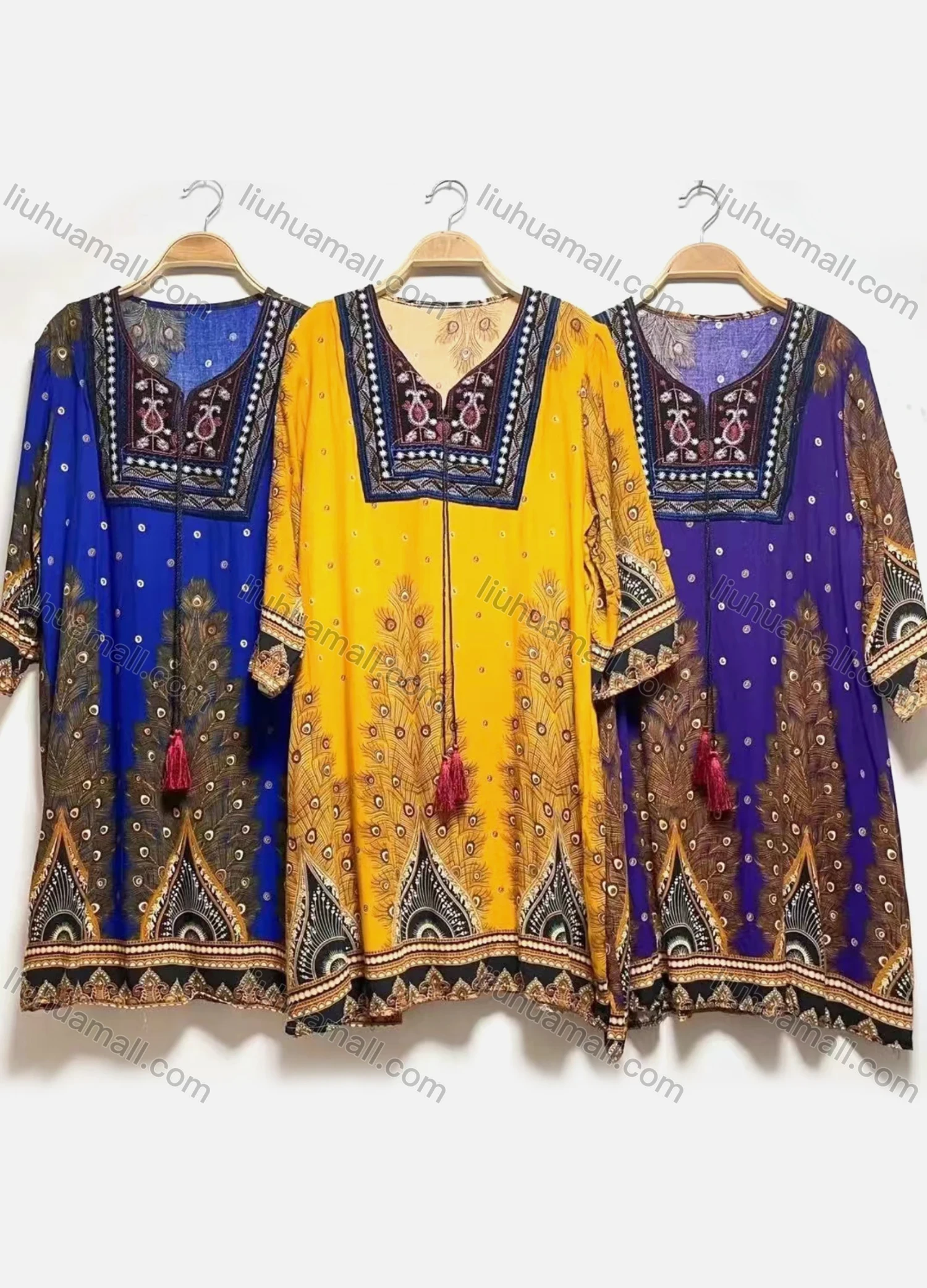 Wholesale Women's African Traditional Kaftan Vintage Peacock Feather Print V Neck 3/4 Sleeve Dress - Liuhuamall