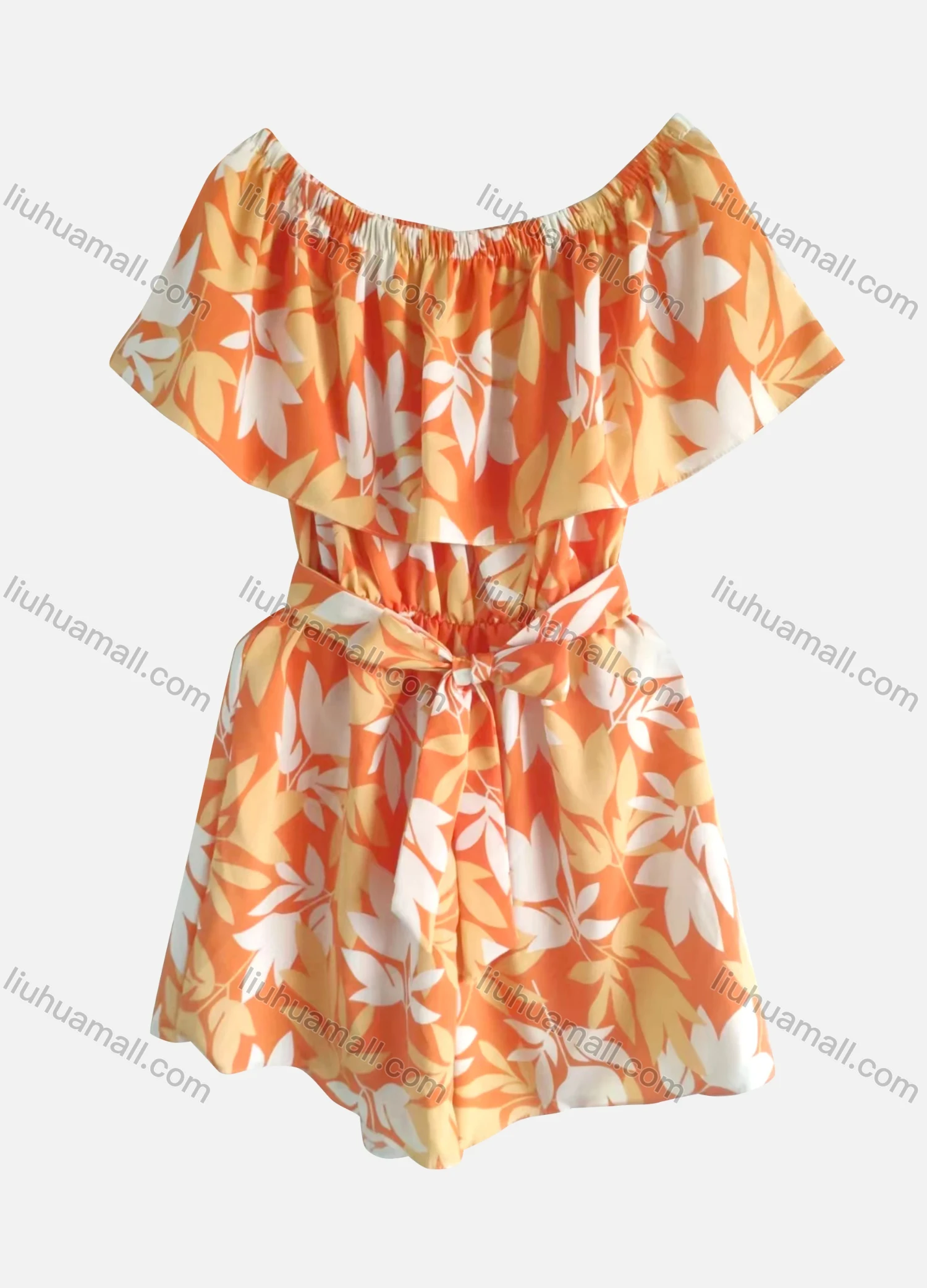 Wholesale Women's Casual Off Shoulder Ruffle Hem Floral Print Romper With Belt - Liuhuamall