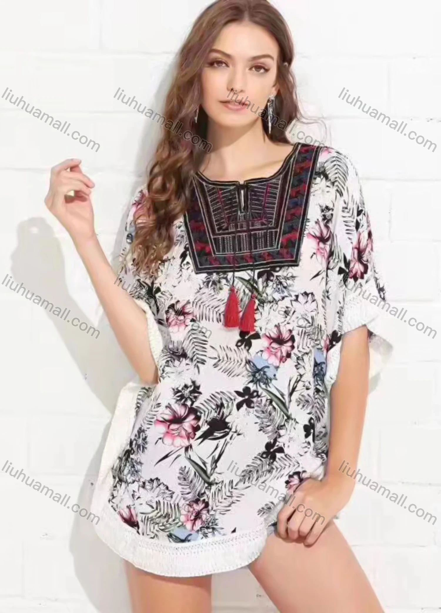 Wholesale Women's Casual Tie Neck Batwing Sleeve Floral & Plants Print Short Dress - Liuhuamall