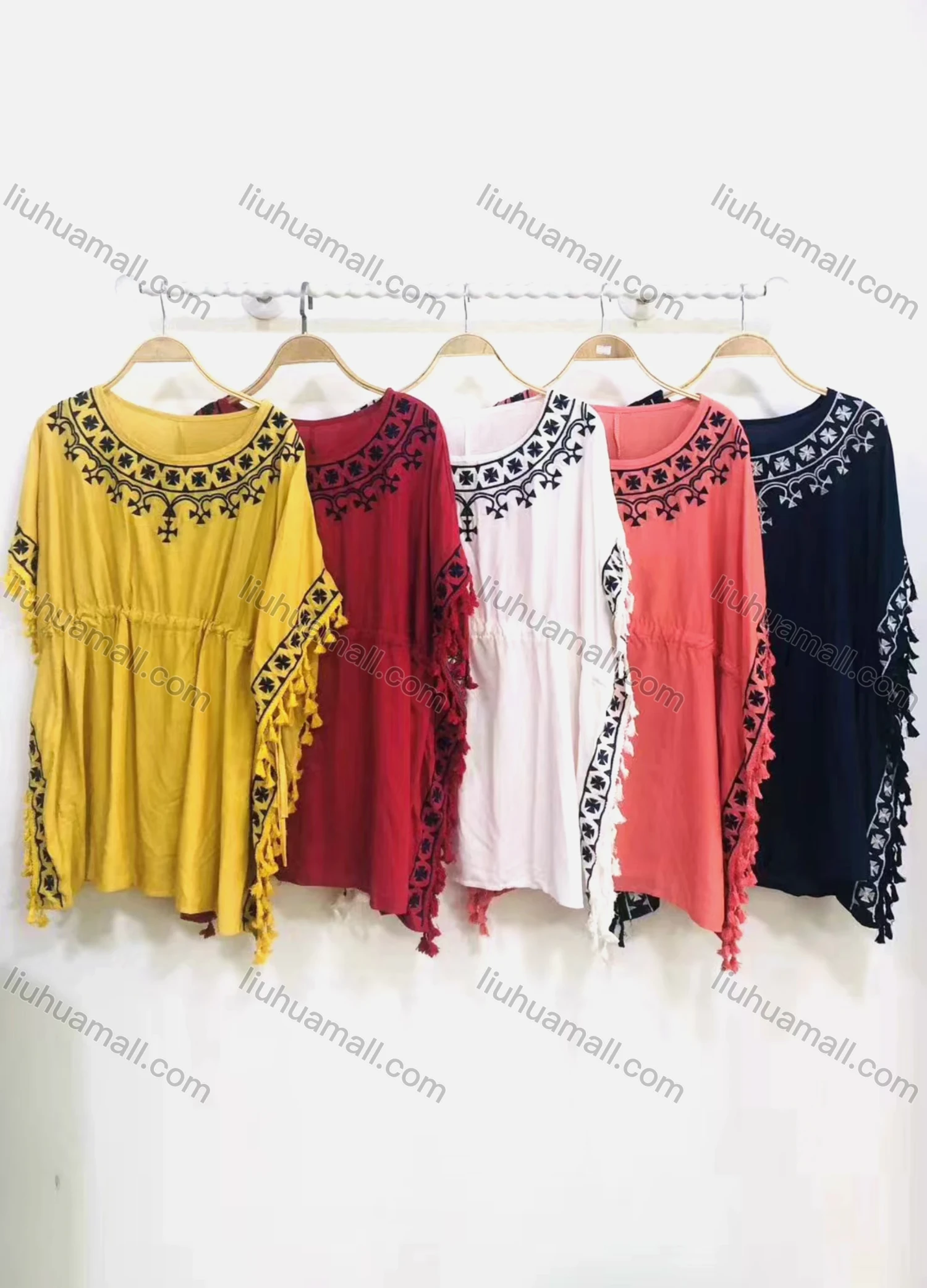 Wholesale Women's Casual Crew Neck Batwing Sleeve Graphic Short Dress With Tassel - Liuhuamall