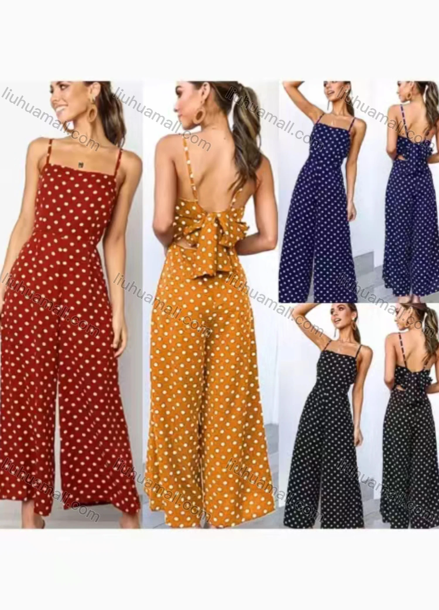Wholesale Women's Vintage Casual Sleeveless Tie Back Polka Dot Jumpsuit - Liuhuamall