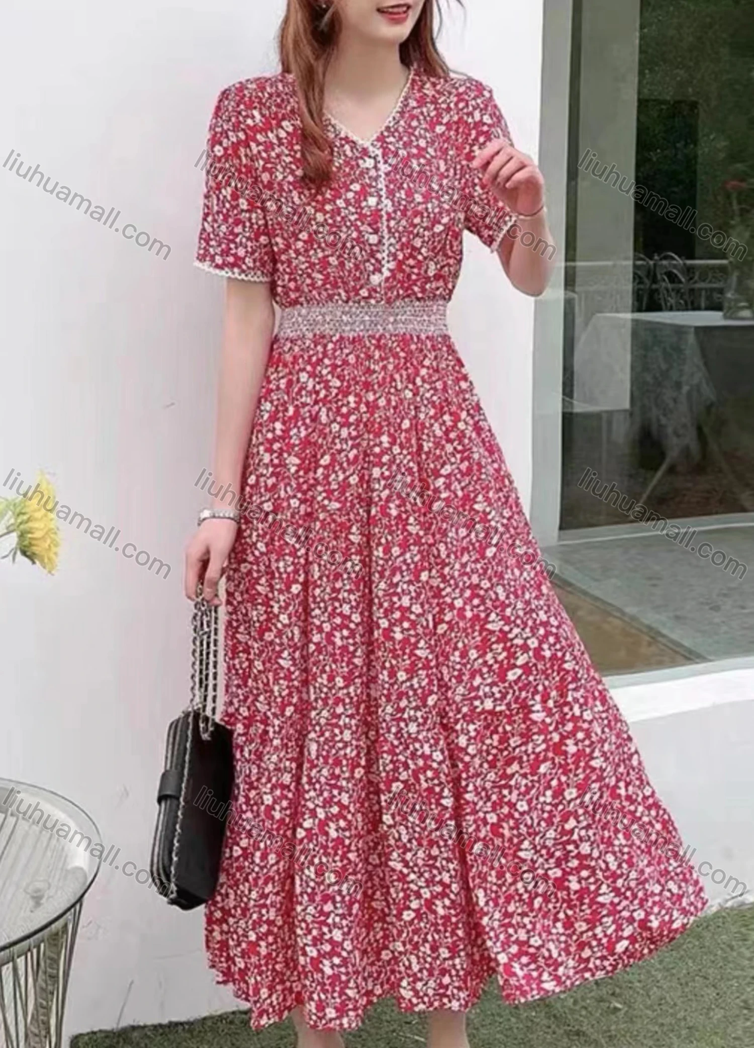 Wholesale Women's Casual Vintage V Neck Short Sleeve Floral Print Midi Dress - Liuhuamall