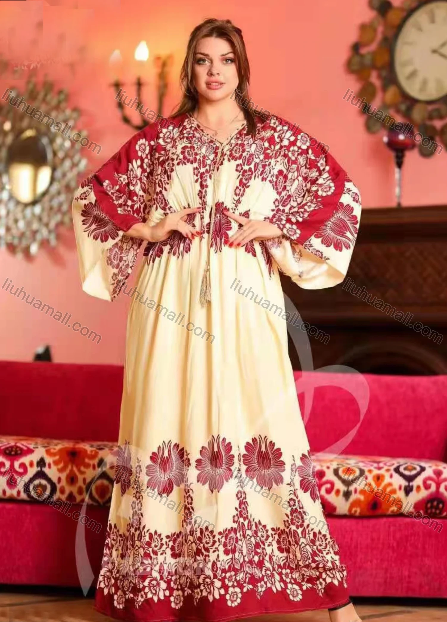 Wholesale Women's Casual Crew Neck Bell Sleeve Floral Print Maxi Dress - Liuhuamall