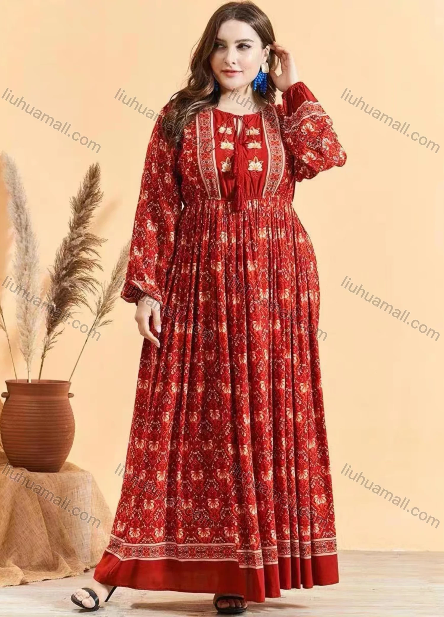 Wholesale Women's Vintage High Waist Tie Neck Lantern Sleeve Floral Print Maxi Dress - Liuhuamall