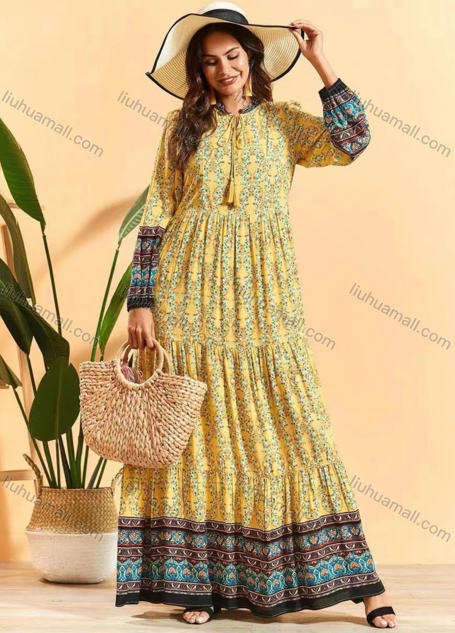 Wholesale Women's Boho Tie Neck Long Sleeve Splicing Print Maxi Dress - Liuhuamall