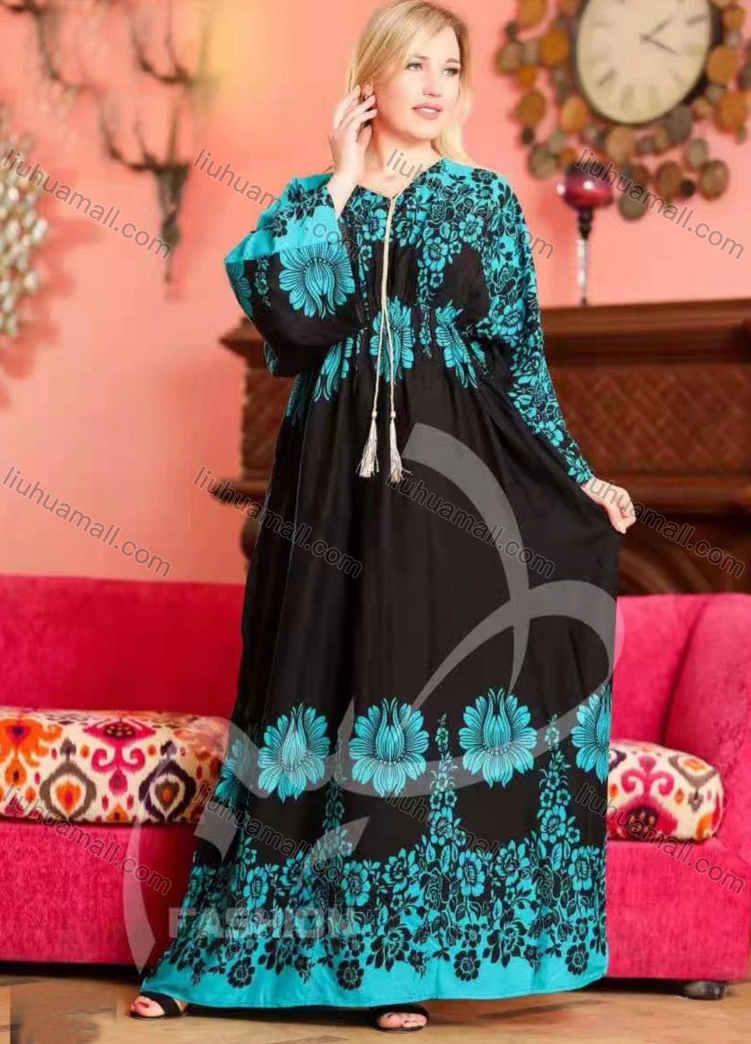 Wholesale Women's Elegant Tie Neck Long Sleeve Floral Print High Waist Maxi Dress - Liuhuamall