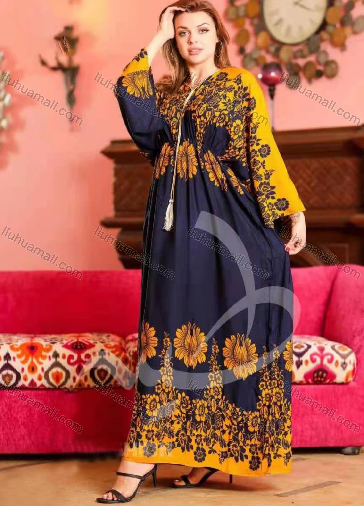 Wholesale Women's Elegant Tie Neck Long Sleeve Floral Print High Waist Maxi Dress - Liuhuamall