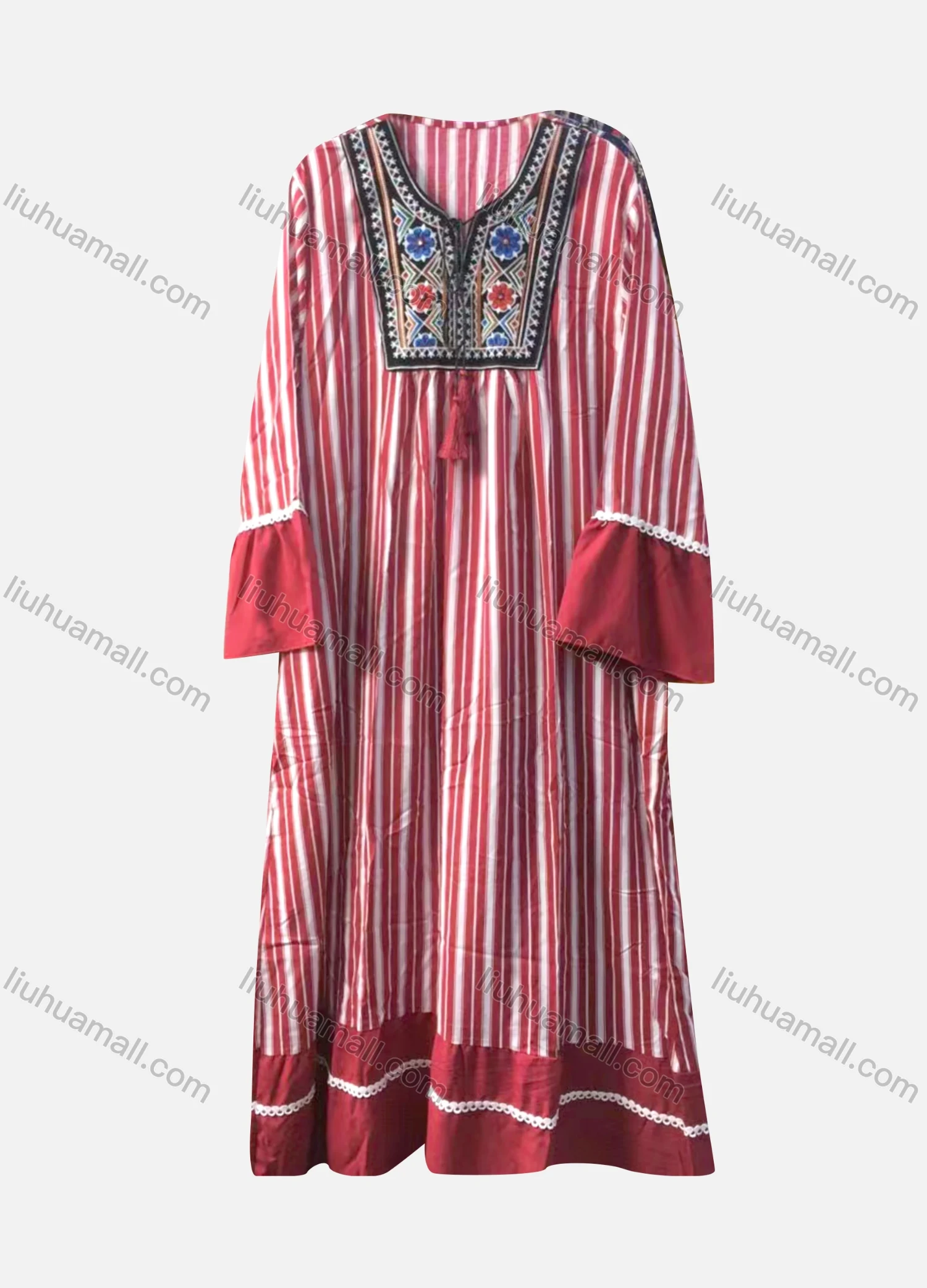 Wholesale Women's Casual Notched Collar Bell Sleeve Striped Splicing Maxi Dress - Liuhuamall