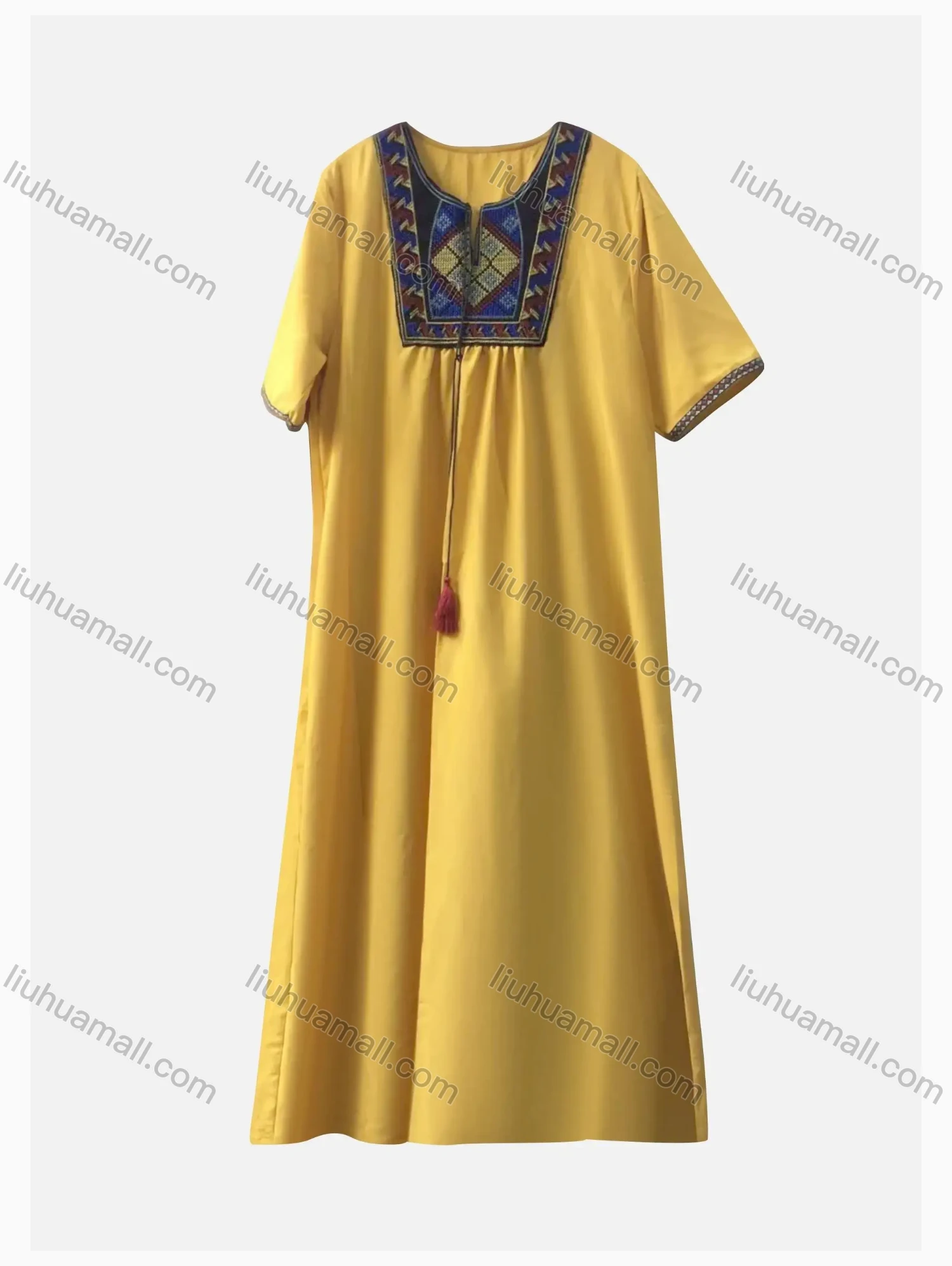 Wholesale Women's Africa Embroidery Splicing Notched Collar Kaftan Long Sleeve Maxi Dress - Liuhuamall