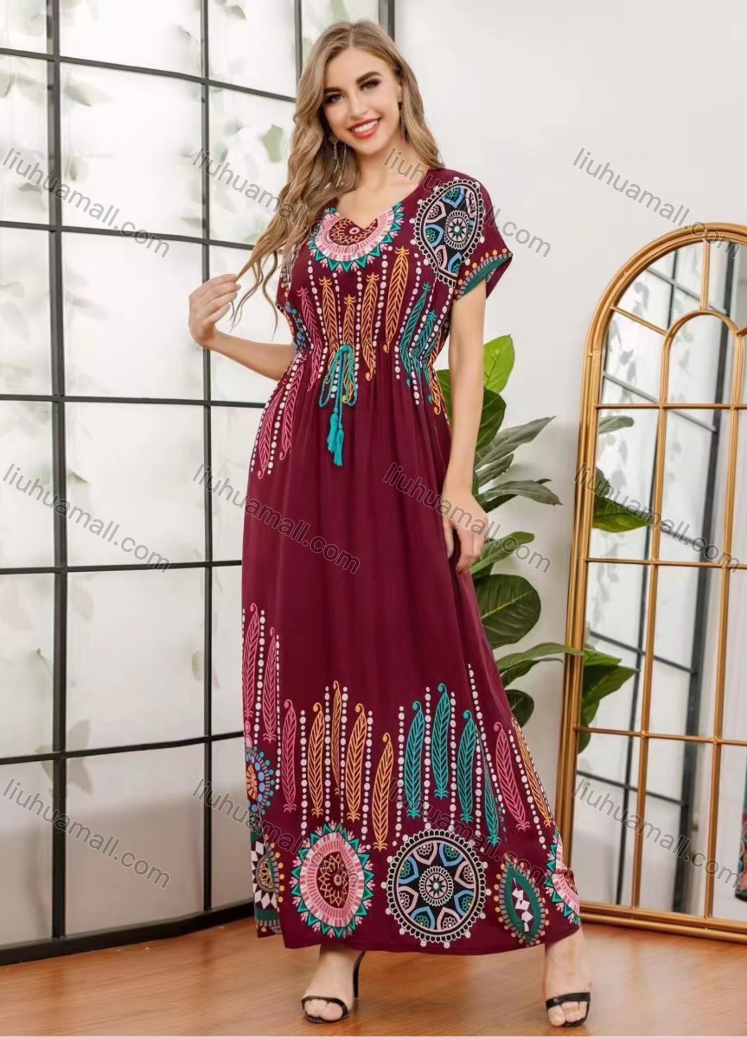 Wholesale Women's V Neck Short Sleeve High Waist Tribal Print Maxi Dress - Liuhuamall
