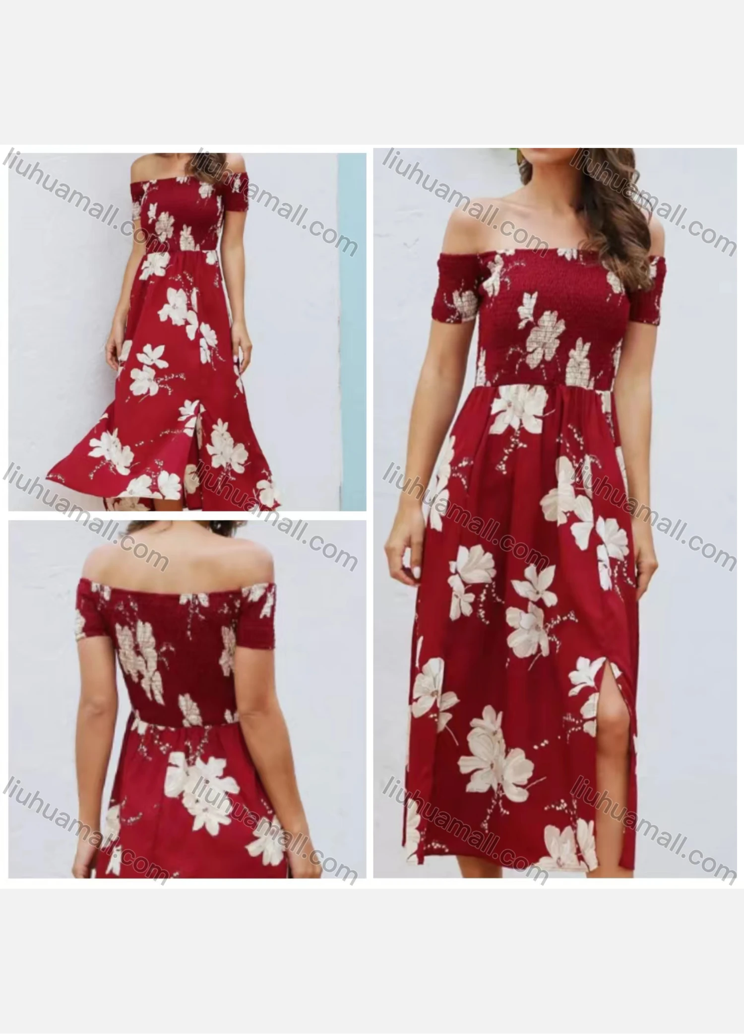 Wholesale Women's High Waist Off Shoulder Shirred Floral Print Maxi Dress - Liuhuamall