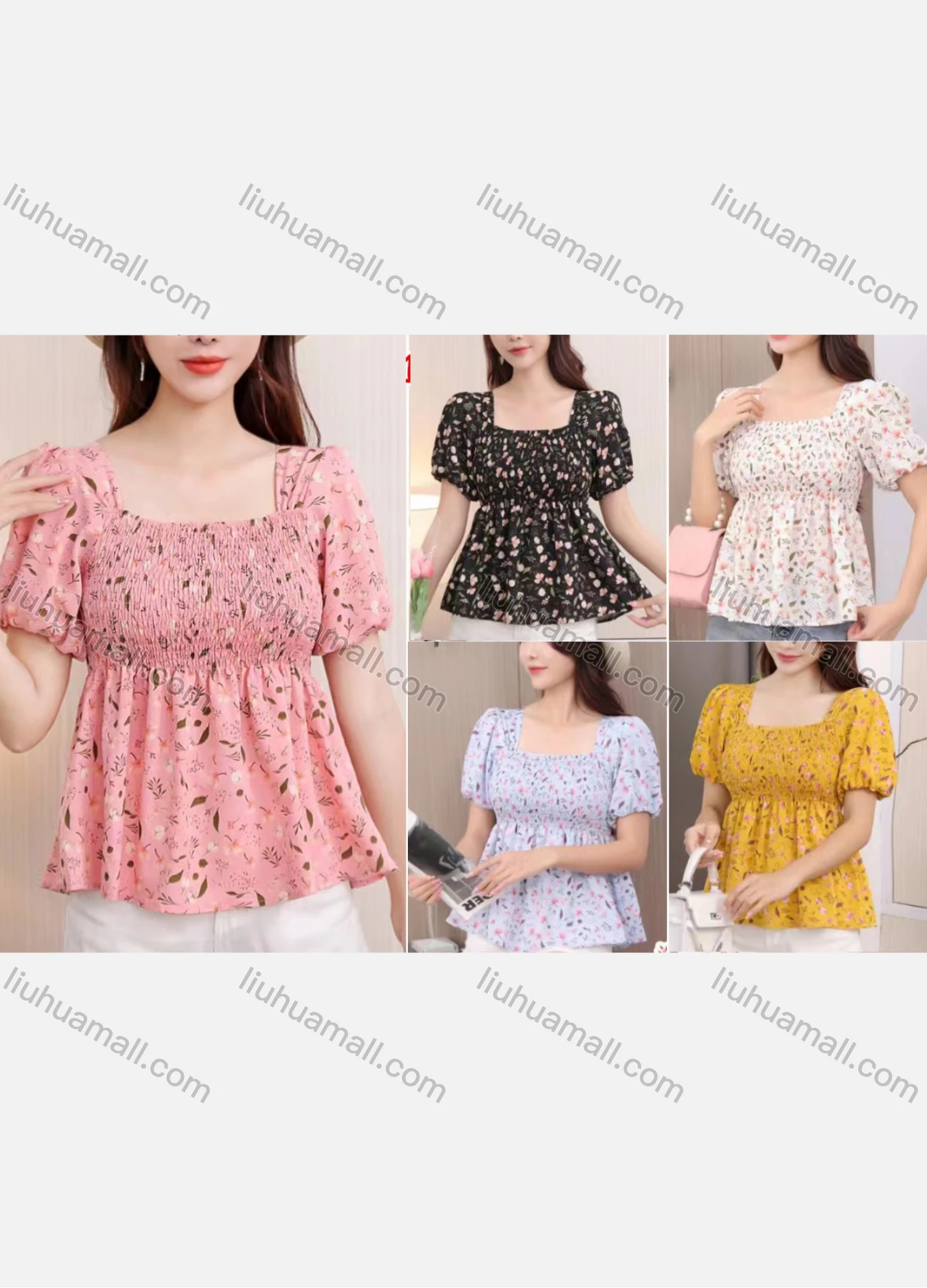 Wholesale Women's Causal Crop Square Neck Puff Sleeve Floral Print Blouse - Liuhuamall