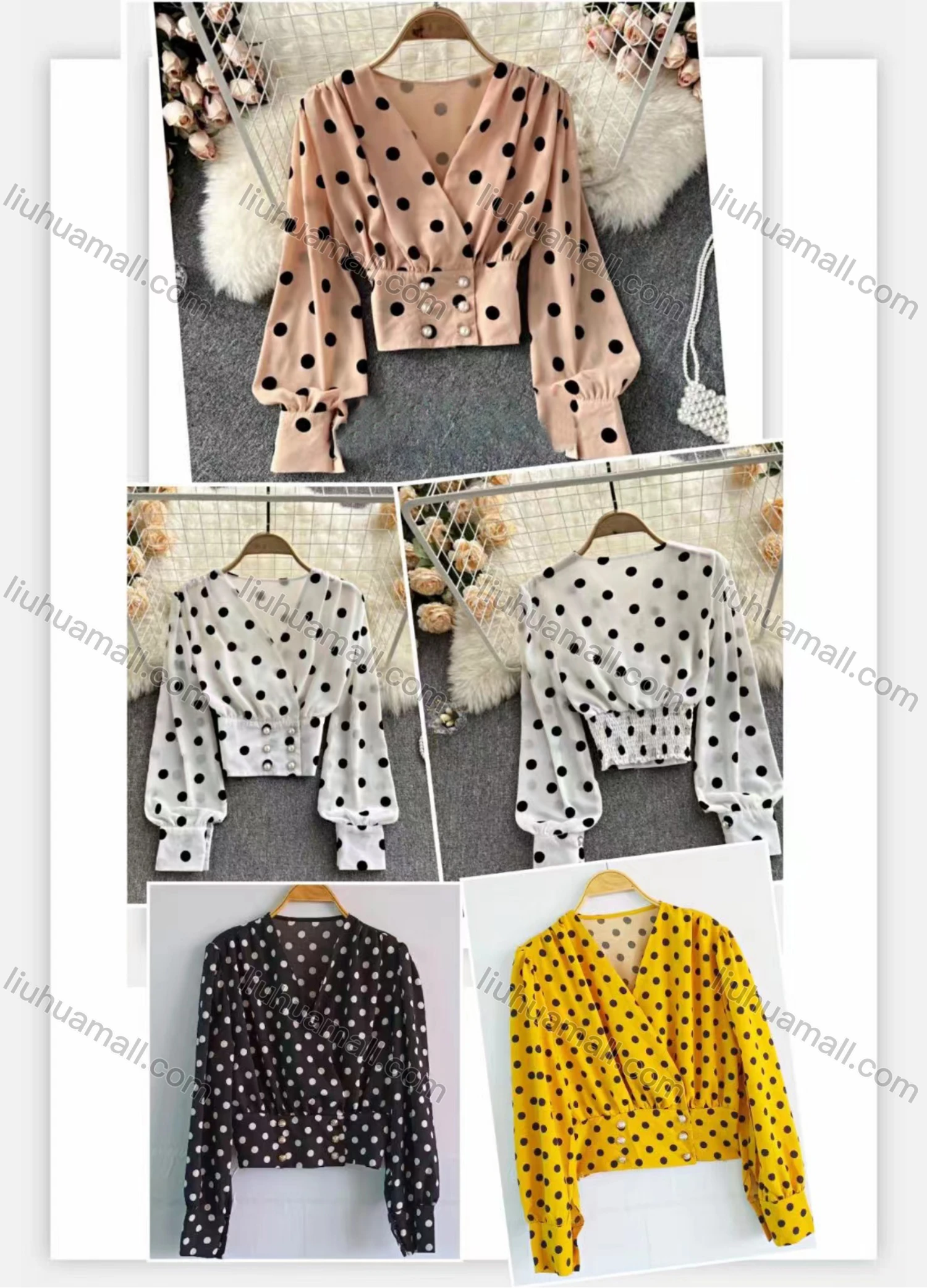Wholesale Women's Causal Crop V Neck Lantern Sleeve Button Decor Polka Dot Wrap Blouse - Liuhuamall