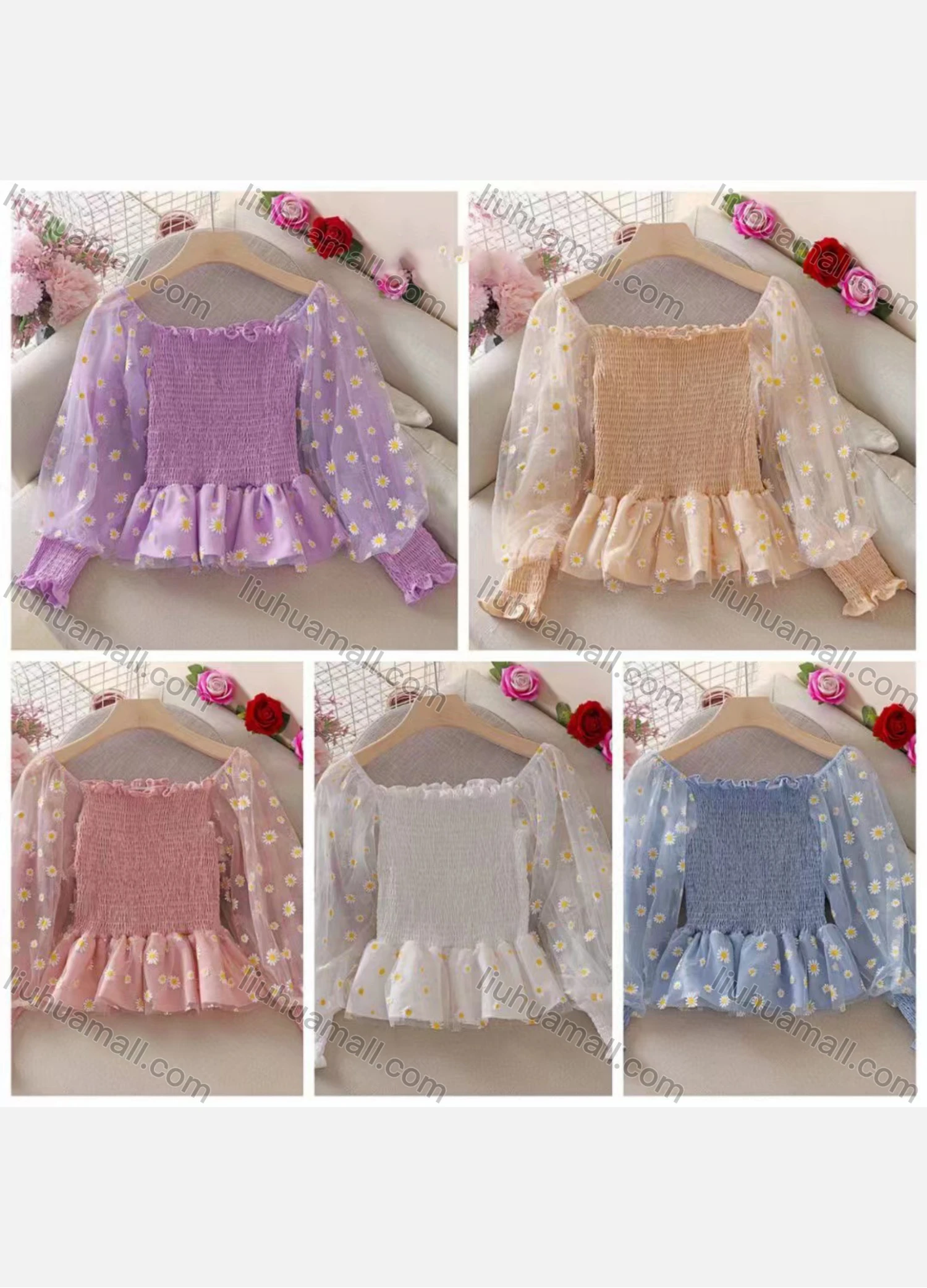 Wholesale Women's Causal Crop Off Shoulder Lace Sleeve Appliques Blouse - Liuhuamall